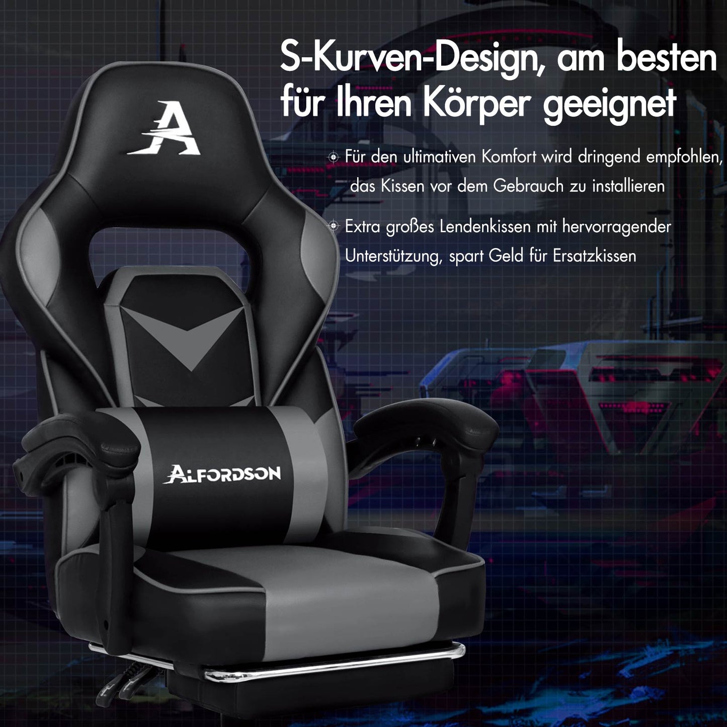 ALFORDSON Gaming-Stuhl Bürostuhl Dicke Polsterung Fußstütze Exekutive Grau