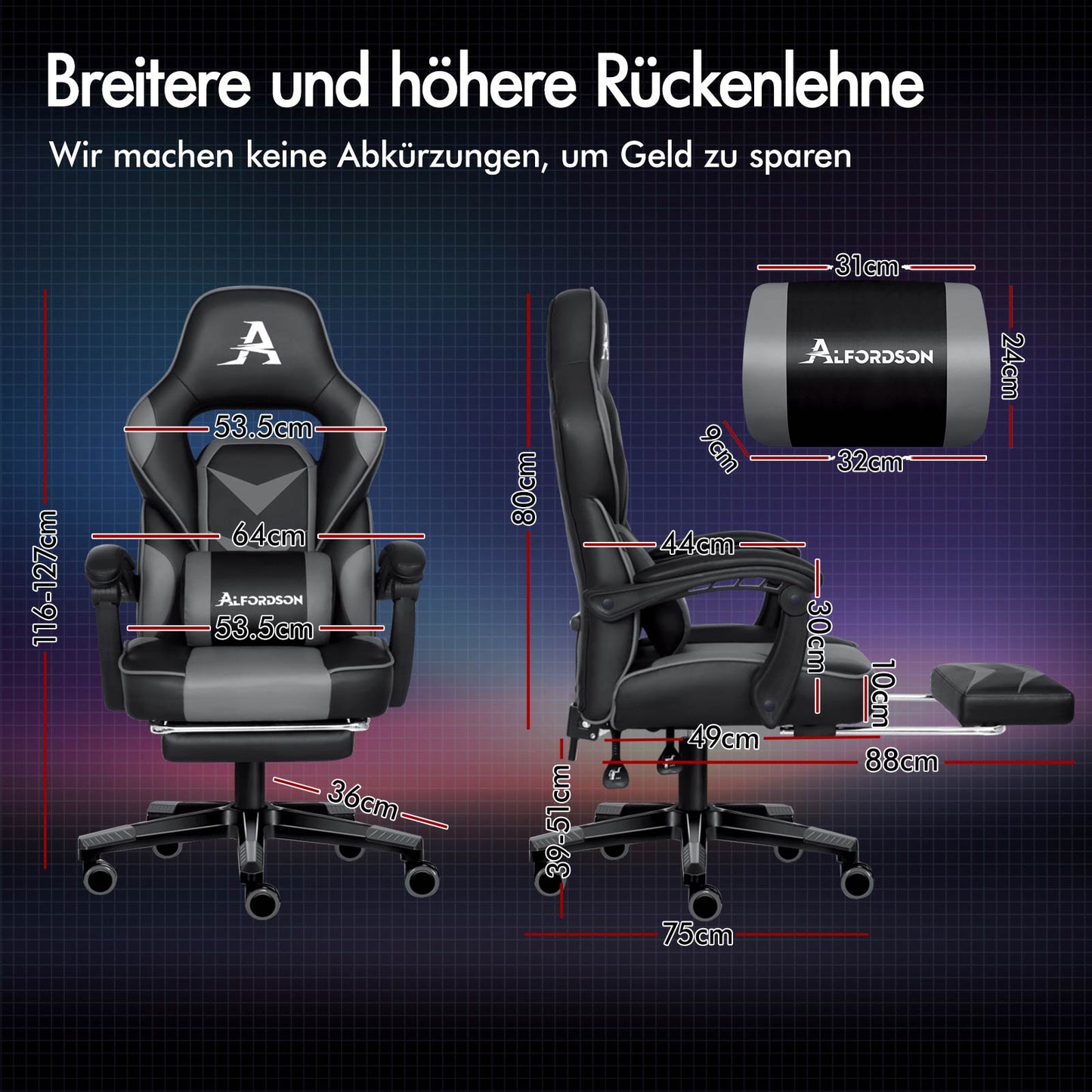 ALFORDSON Gaming-Stuhl Bürostuhl Dicke Polsterung Fußstütze Exekutive Grau