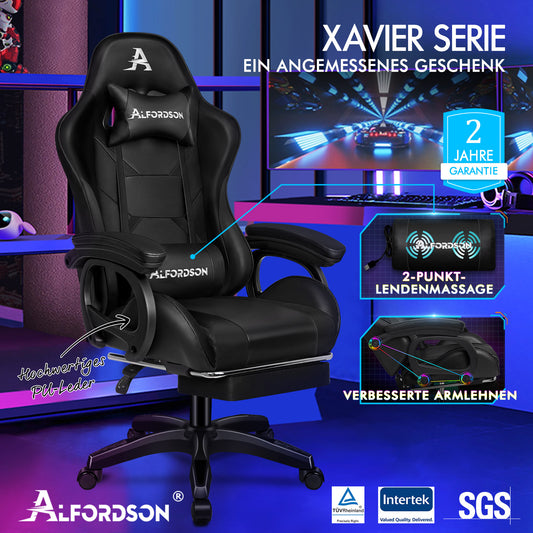 ALFORDSON Gaming Stuhl mit 2-Punkt Massage Bürostuhl mit Fußstütze Schwarz