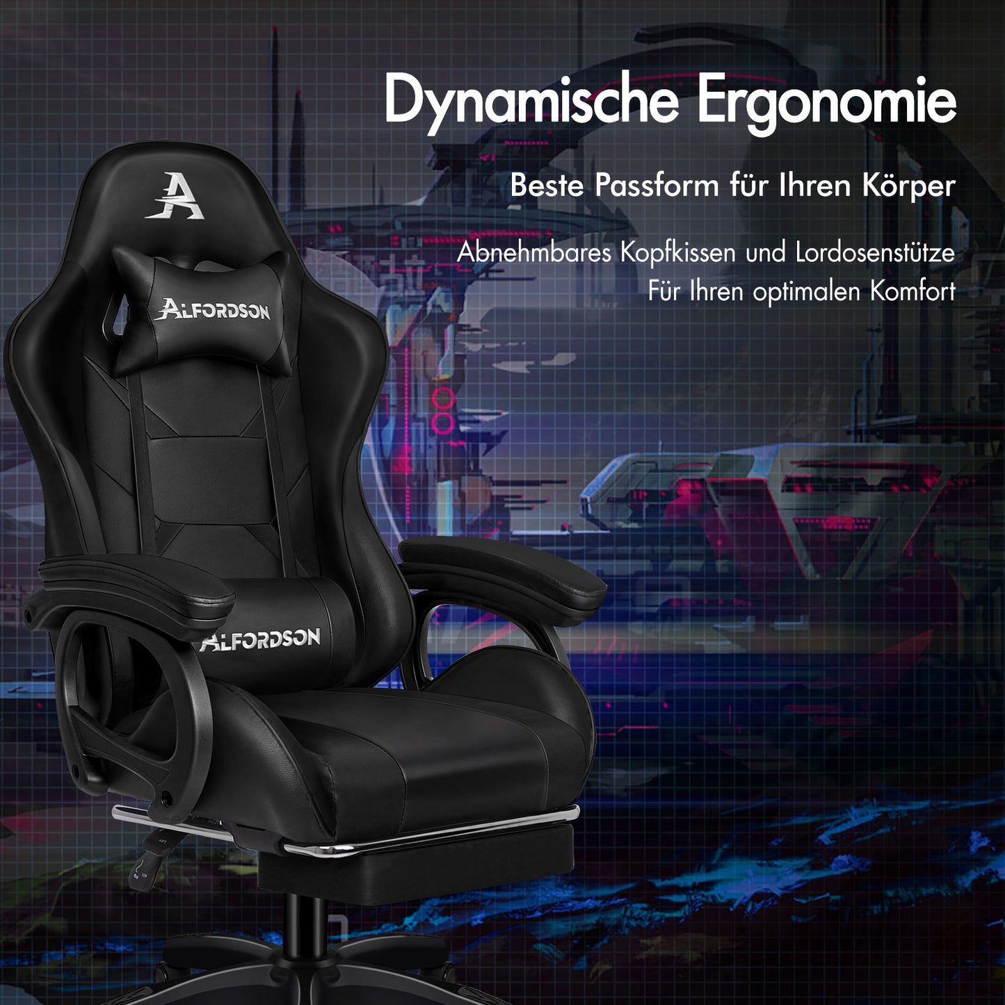 Silla gaming ALFORDSON con masaje de 2 puntos, silla de oficina con reposapiés, color negro