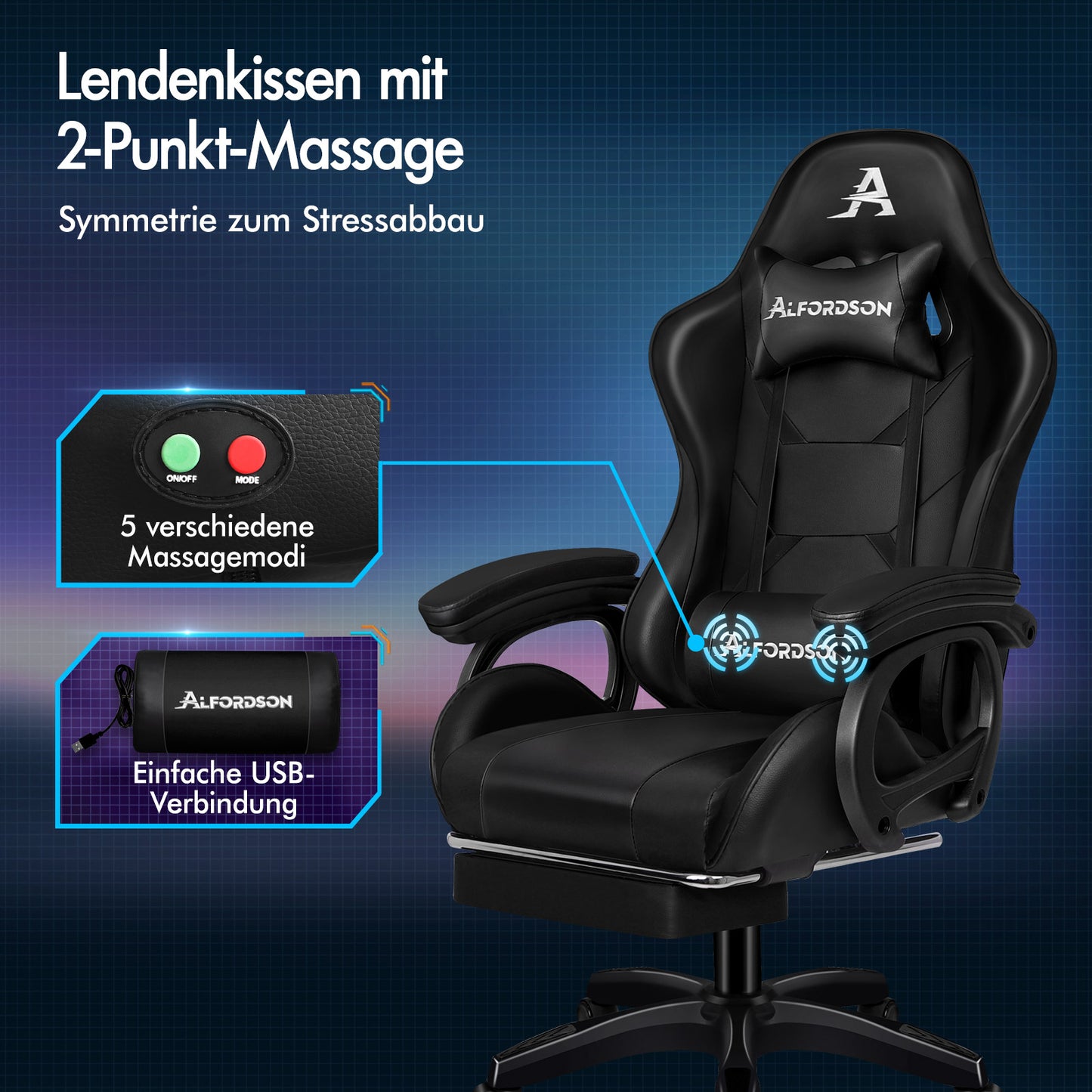 Silla gaming ALFORDSON con masaje de 2 puntos, silla de oficina con reposapiés, color negro