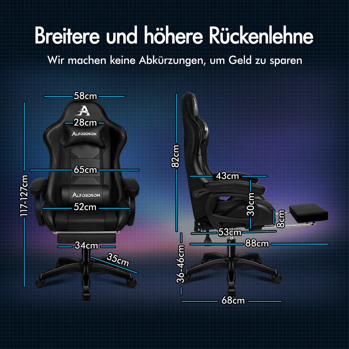 Silla gaming ALFORDSON con masaje de 2 puntos, silla de oficina con reposapiés, color negro