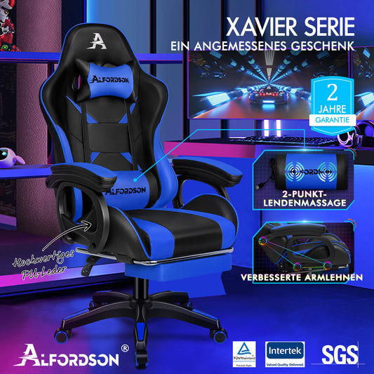 ALFORDSON Gaming Stuhl mit 2-Punkt Massage Bürostuhl mit Fußstütze Blau & Schwarz