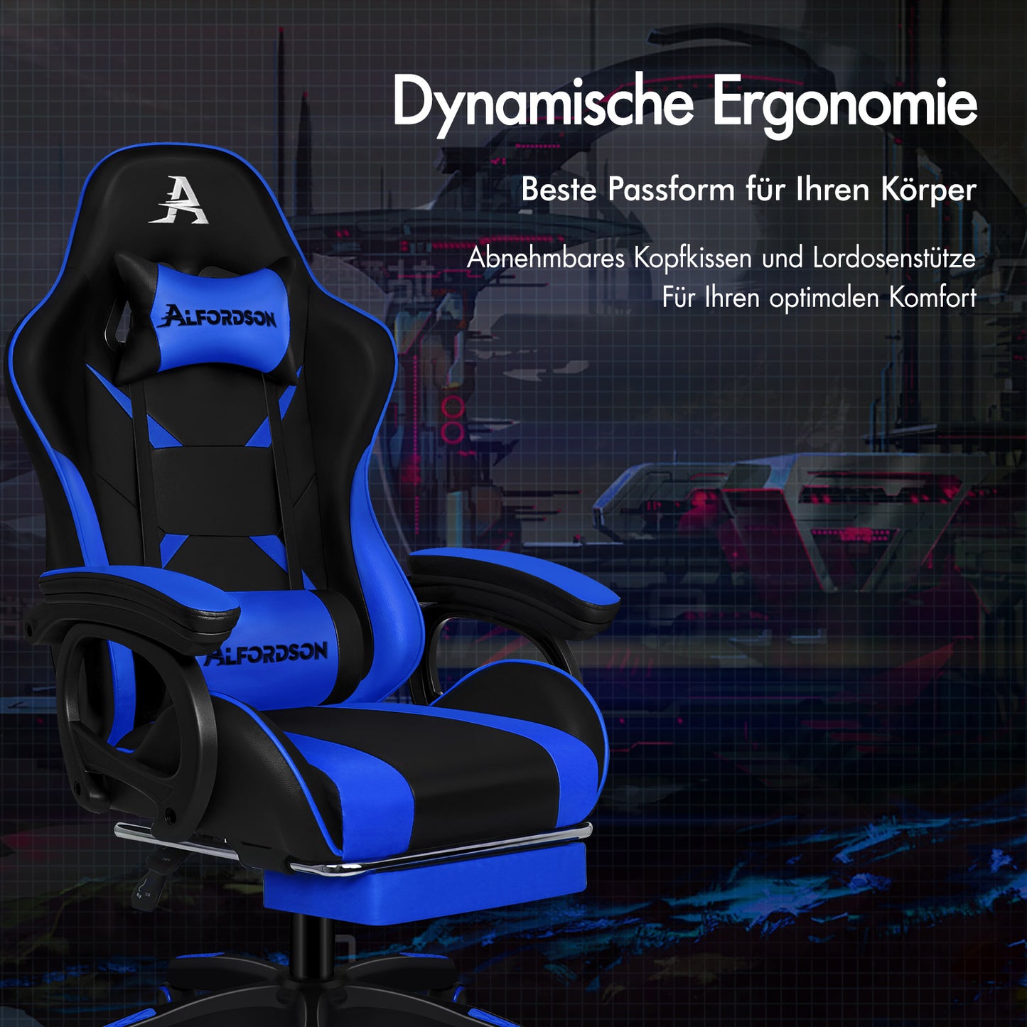 ALFORDSON Gaming Stuhl mit 2-Punkt Massage Bürostuhl mit Fußstütze Blau & Schwarz
