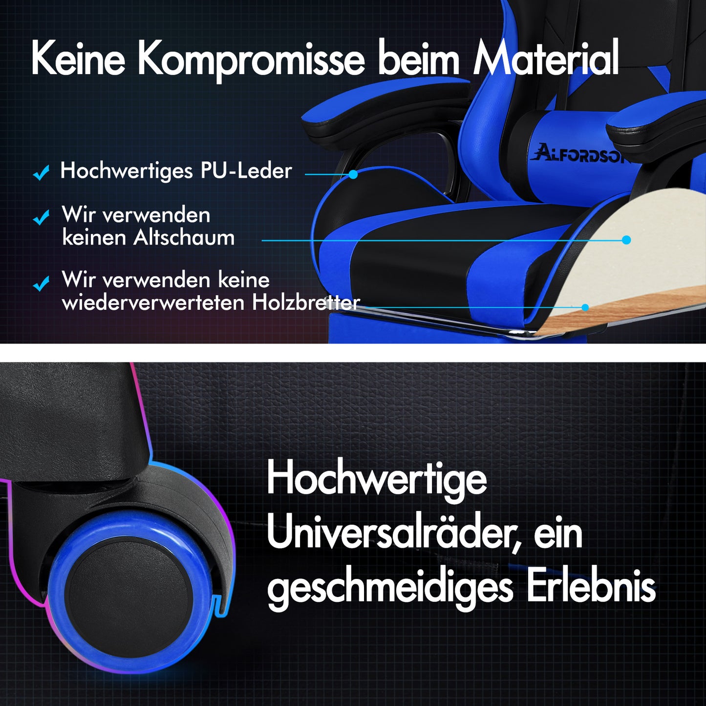ALFORDSON Gaming Stuhl mit 2-Punkt Massage Bürostuhl mit Fußstütze Blau & Schwarz