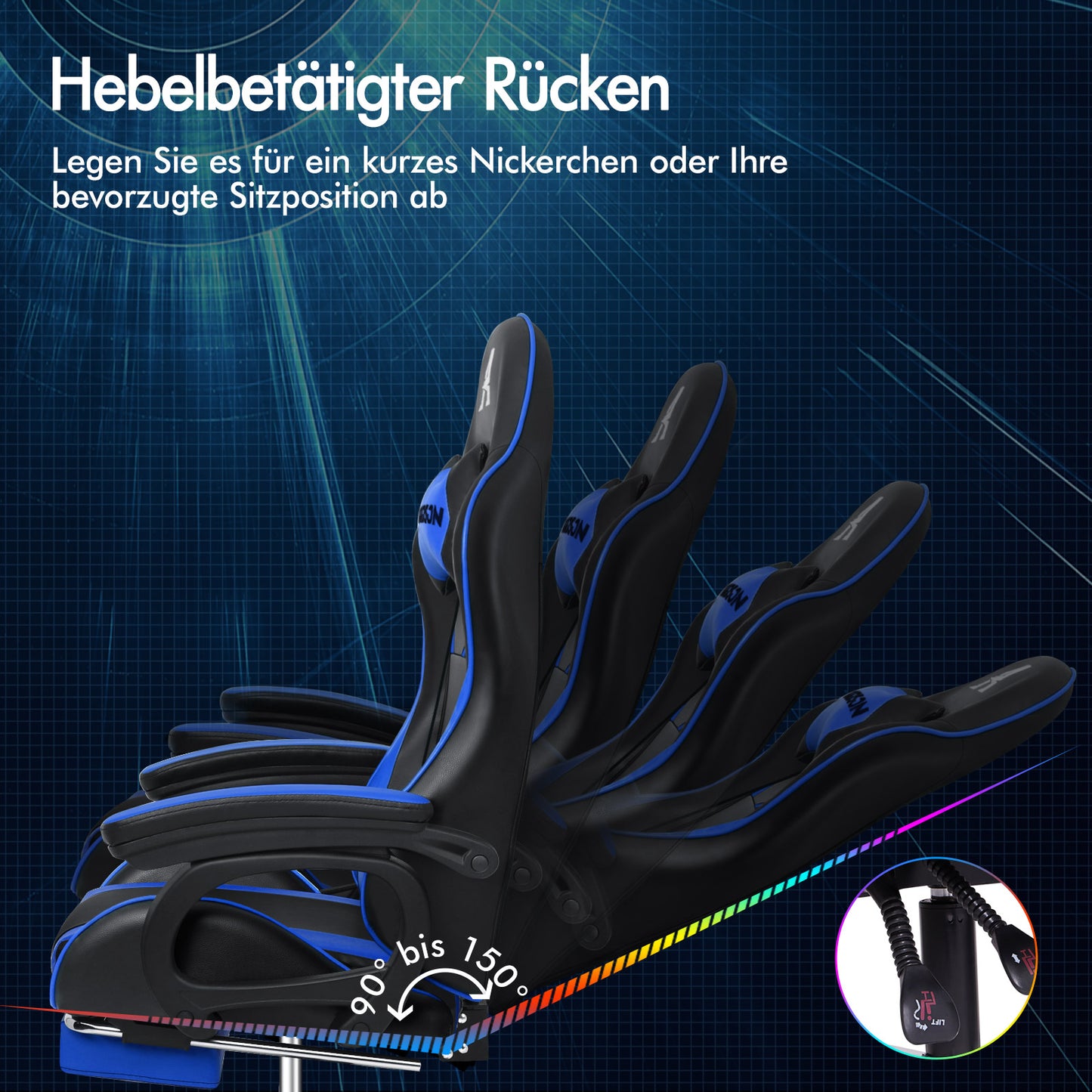 ALFORDSON Gaming Stuhl mit 2-Punkt Massage Bürostuhl mit Fußstütze Blau & Schwarz