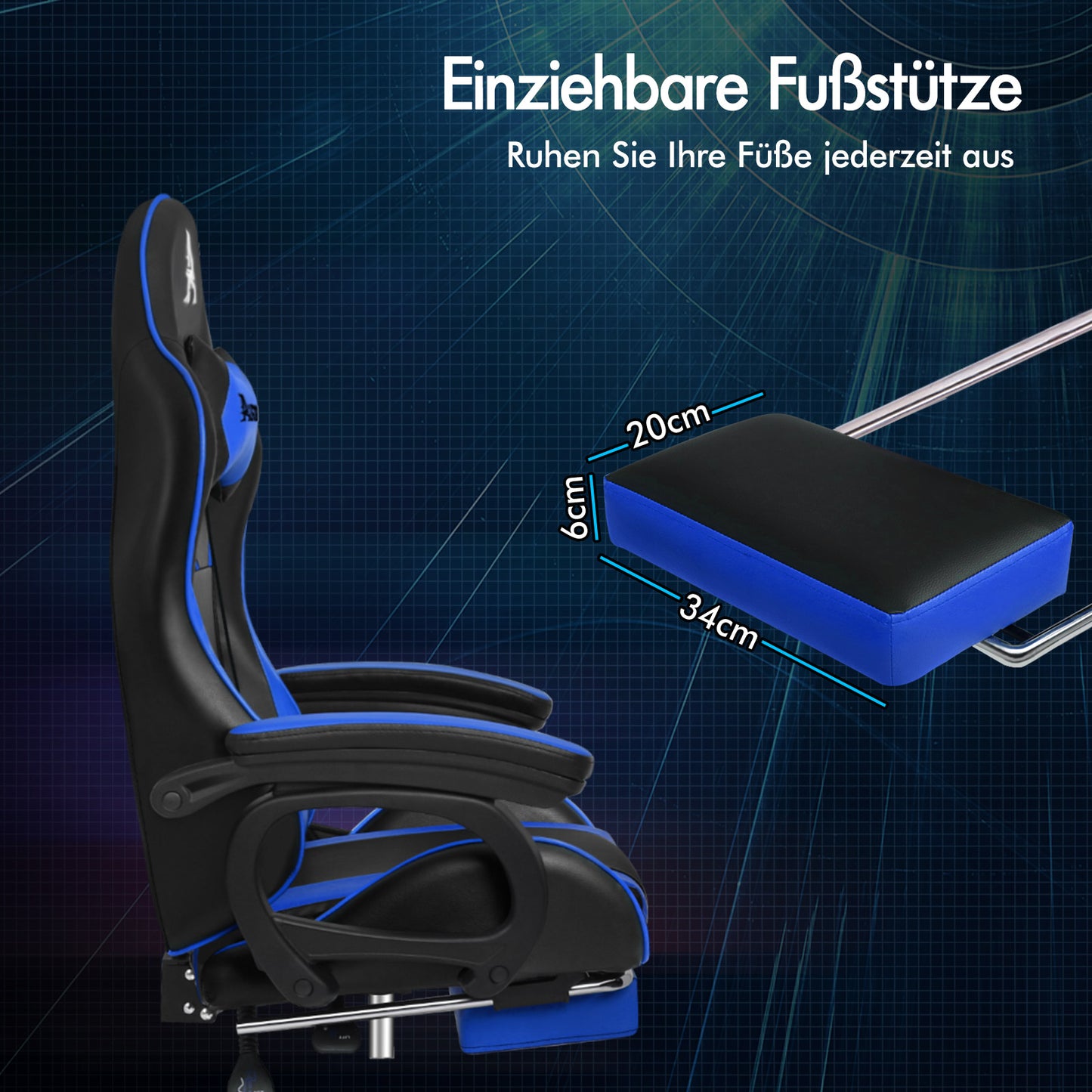 ALFORDSON Gaming Stuhl mit 2-Punkt Massage Bürostuhl mit Fußstütze Blau & Schwarz