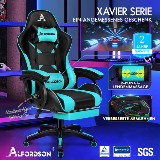 ALFORDSON Gaming Stuhl mit 2-Punkt Massage Bürostuhl mit Fußstütze Cyan & Schwarz