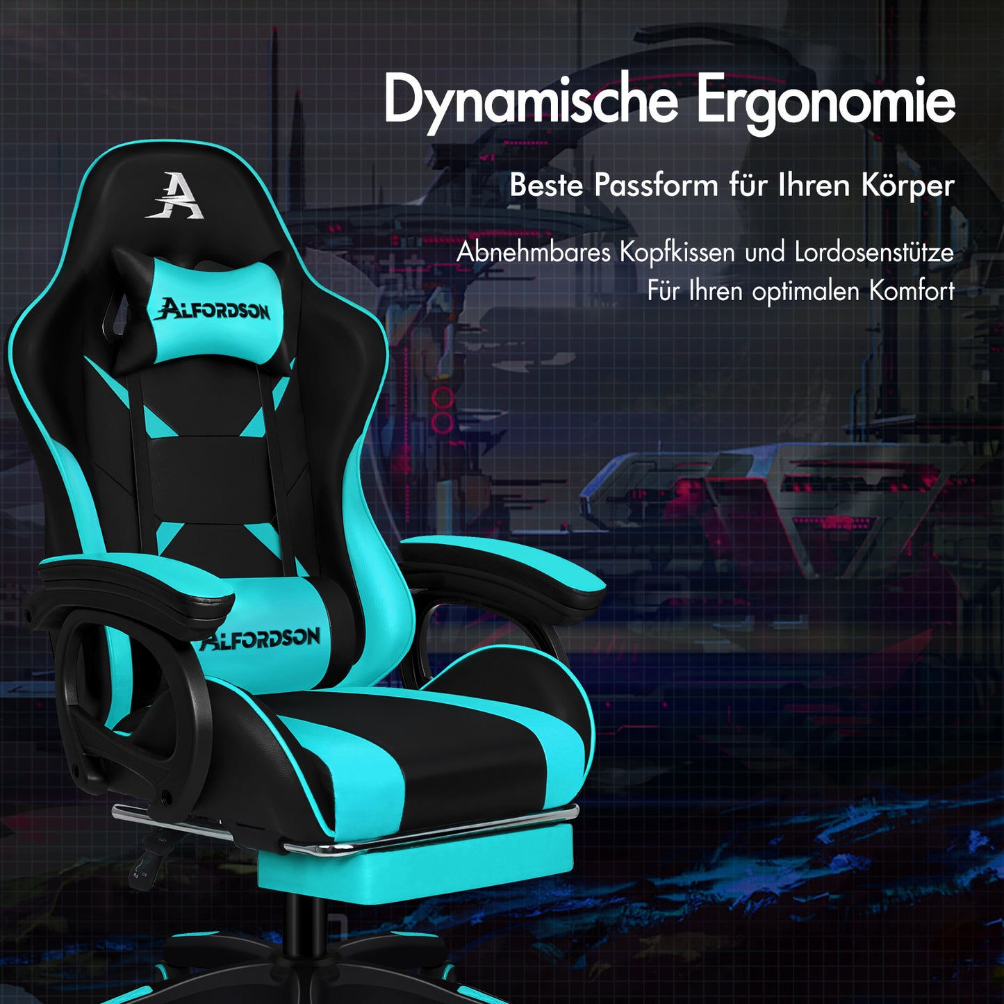ALFORDSON Gaming Stuhl mit 2-Punkt Massage Bürostuhl mit Fußstütze Cyan & Schwarz