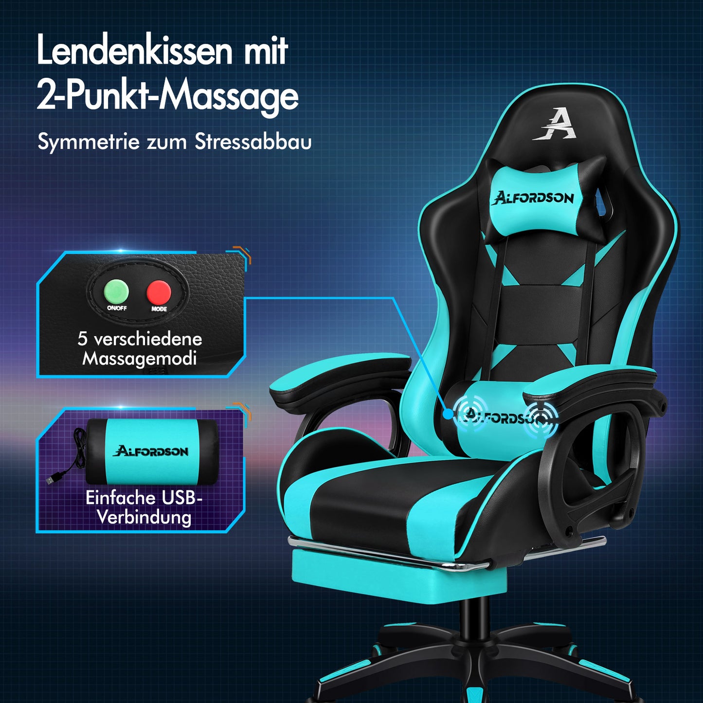 ALFORDSON Gaming Stuhl mit 2-Punkt Massage Bürostuhl mit Fußstütze Cyan & Schwarz