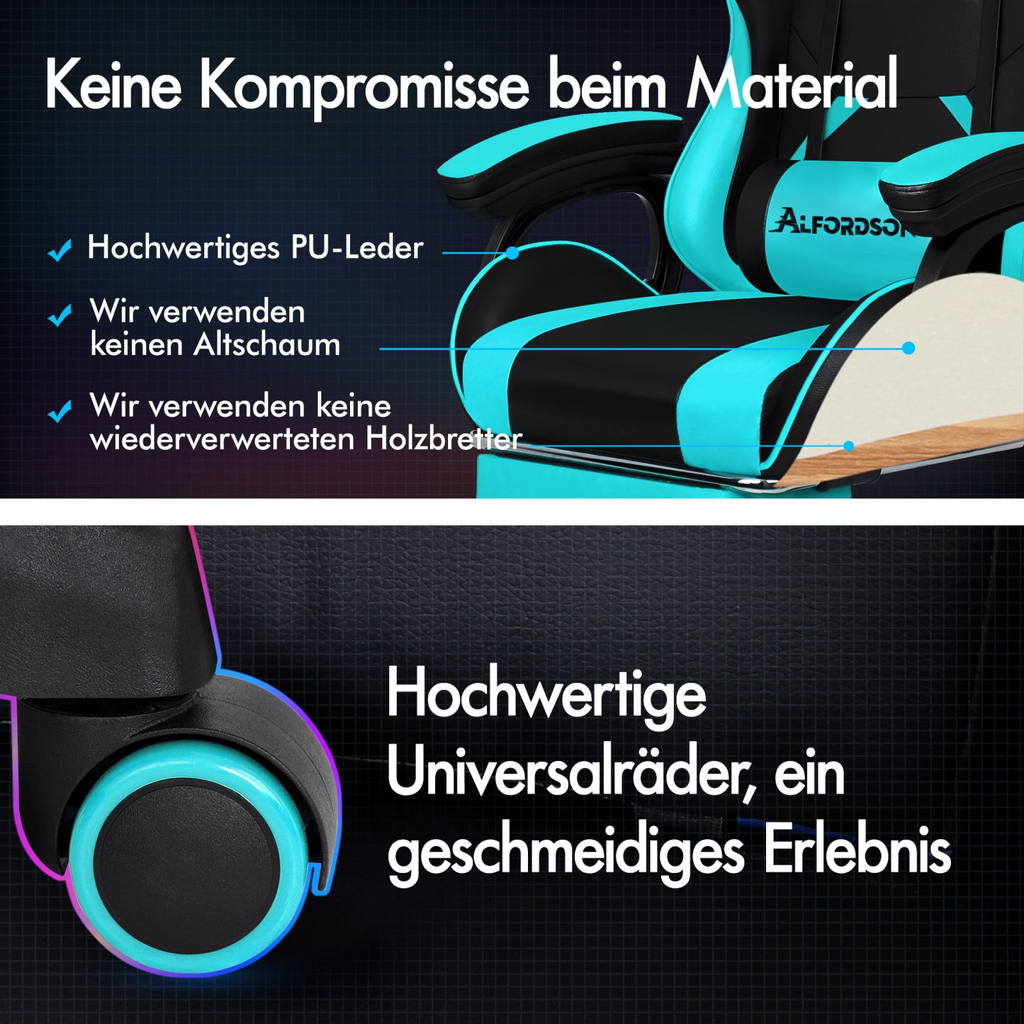 ALFORDSON Gaming Stuhl mit 2-Punkt Massage Bürostuhl mit Fußstütze Cyan & Schwarz