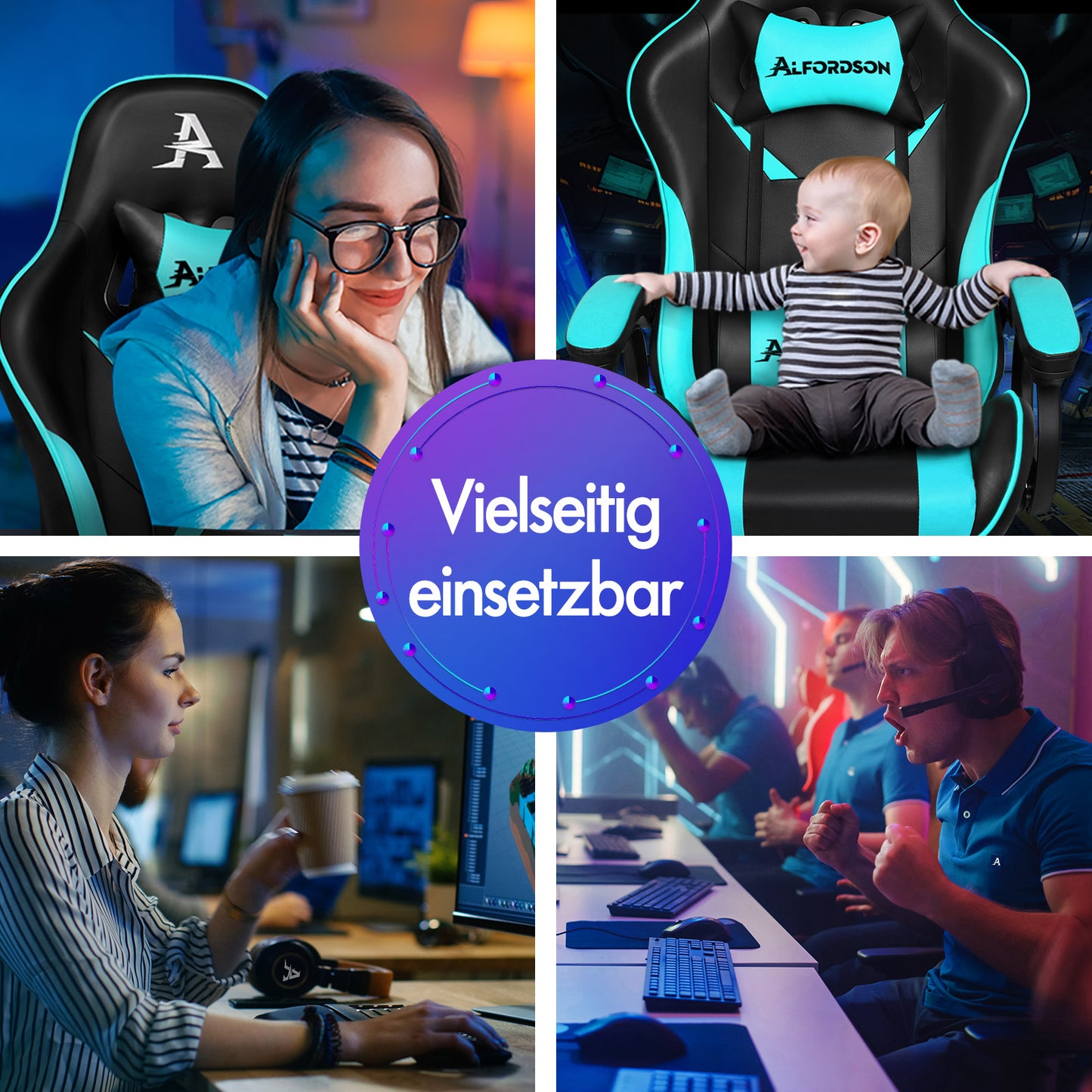 ALFORDSON Gaming Stuhl mit 2-Punkt Massage Bürostuhl mit Fußstütze Cyan & Schwarz