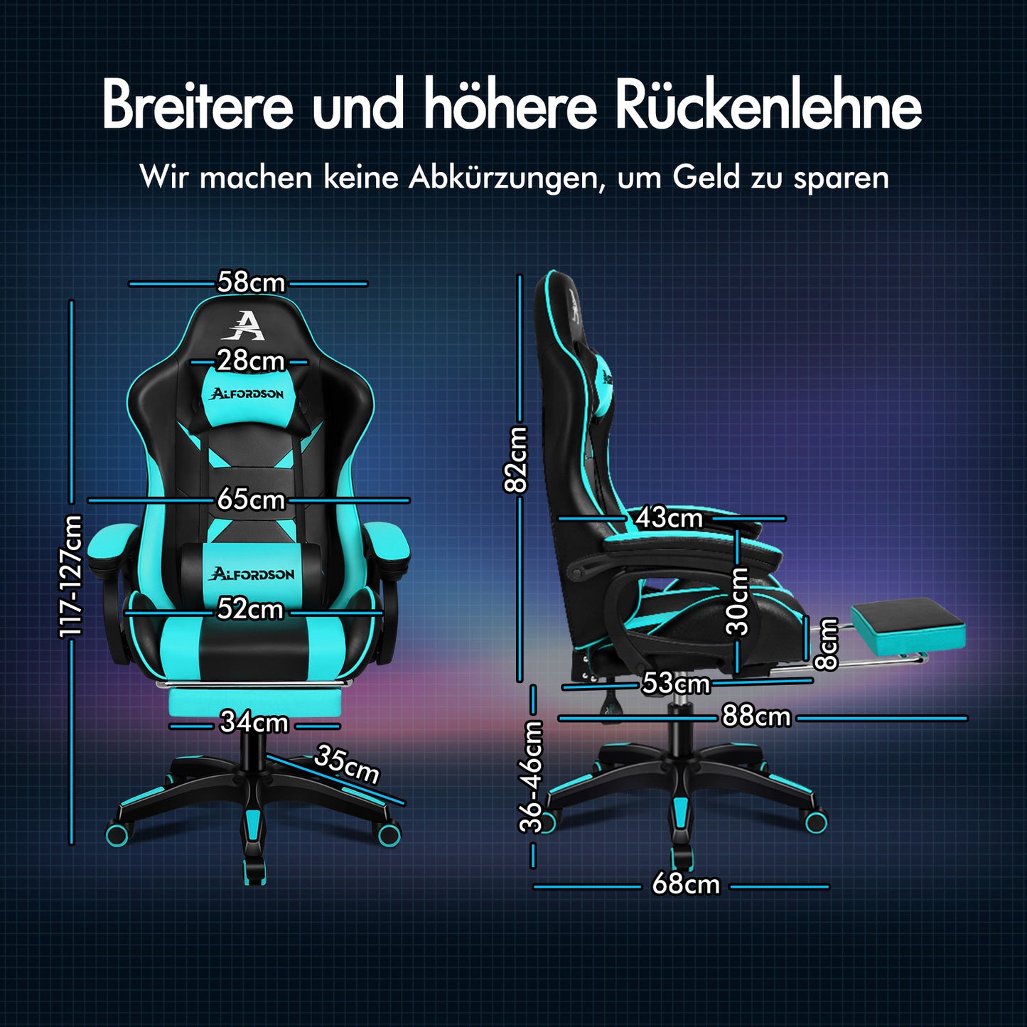 ALFORDSON Gaming Stuhl mit 2-Punkt Massage Bürostuhl mit Fußstütze Cyan & Schwarz