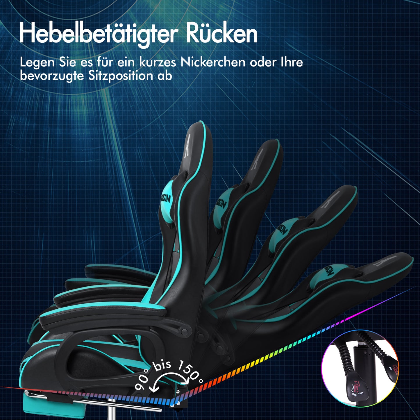 ALFORDSON Gaming Stuhl mit 2-Punkt Massage Bürostuhl mit Fußstütze Cyan & Schwarz