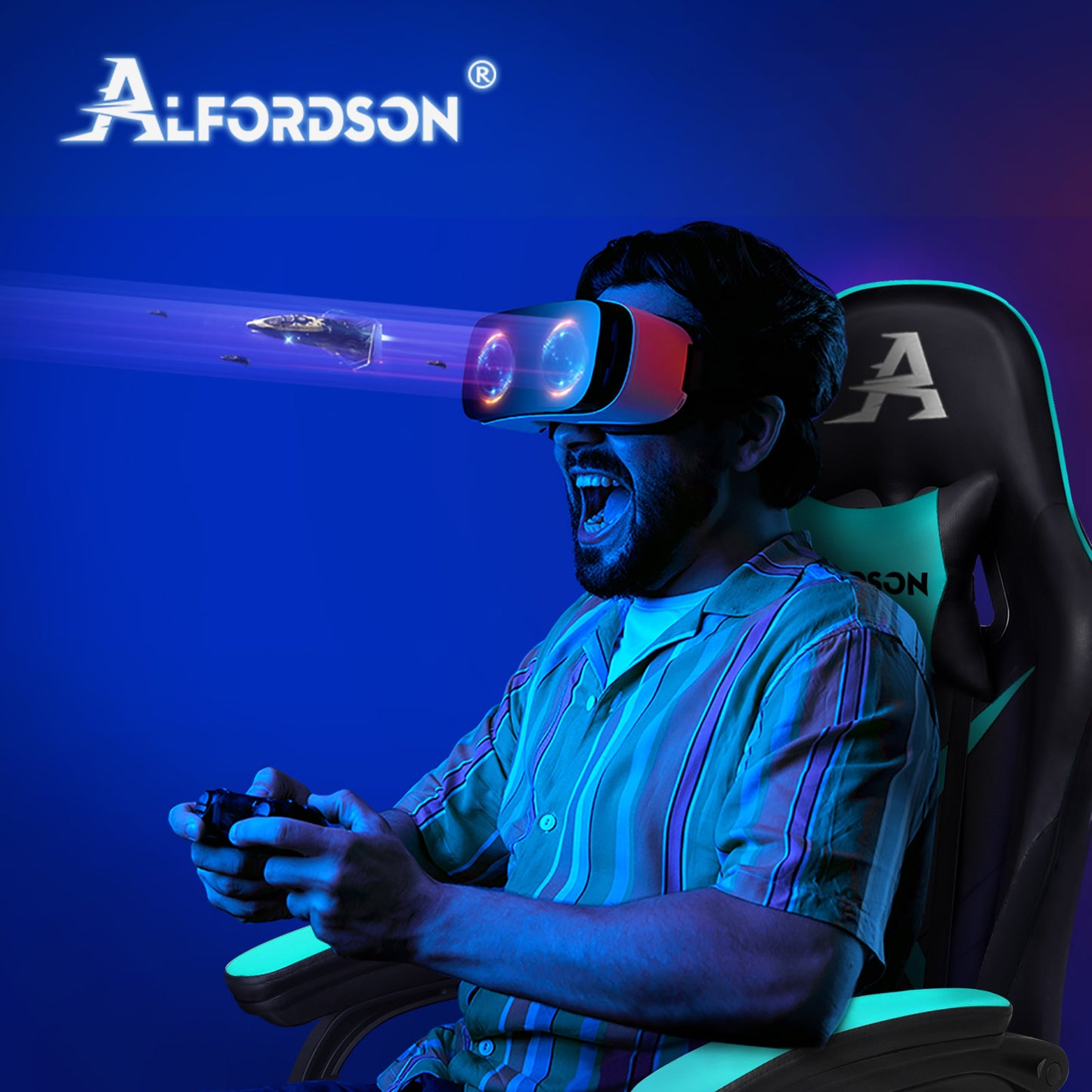 ALFORDSON Gaming Stuhl mit 2-Punkt Massage Bürostuhl mit Fußstütze Cyan & Schwarz