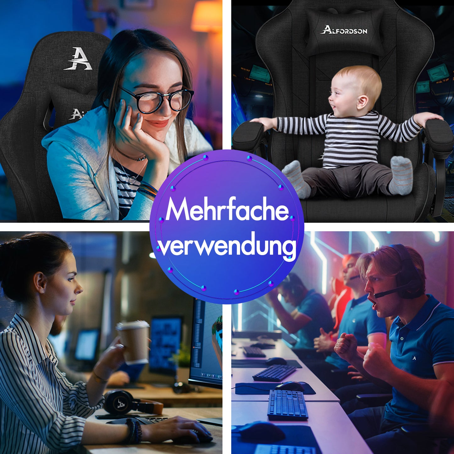 ALFORDSON Gaming Stuhl Büro Massage Computer Racing Stoff Sitz Fußstütze Schwarz