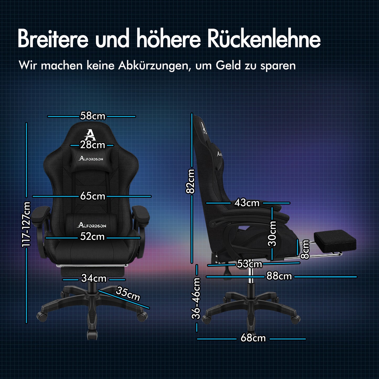 ALFORDSON Gaming Stuhl Büro Massage Computer Racing Stoff Sitz Fußstütze Schwarz