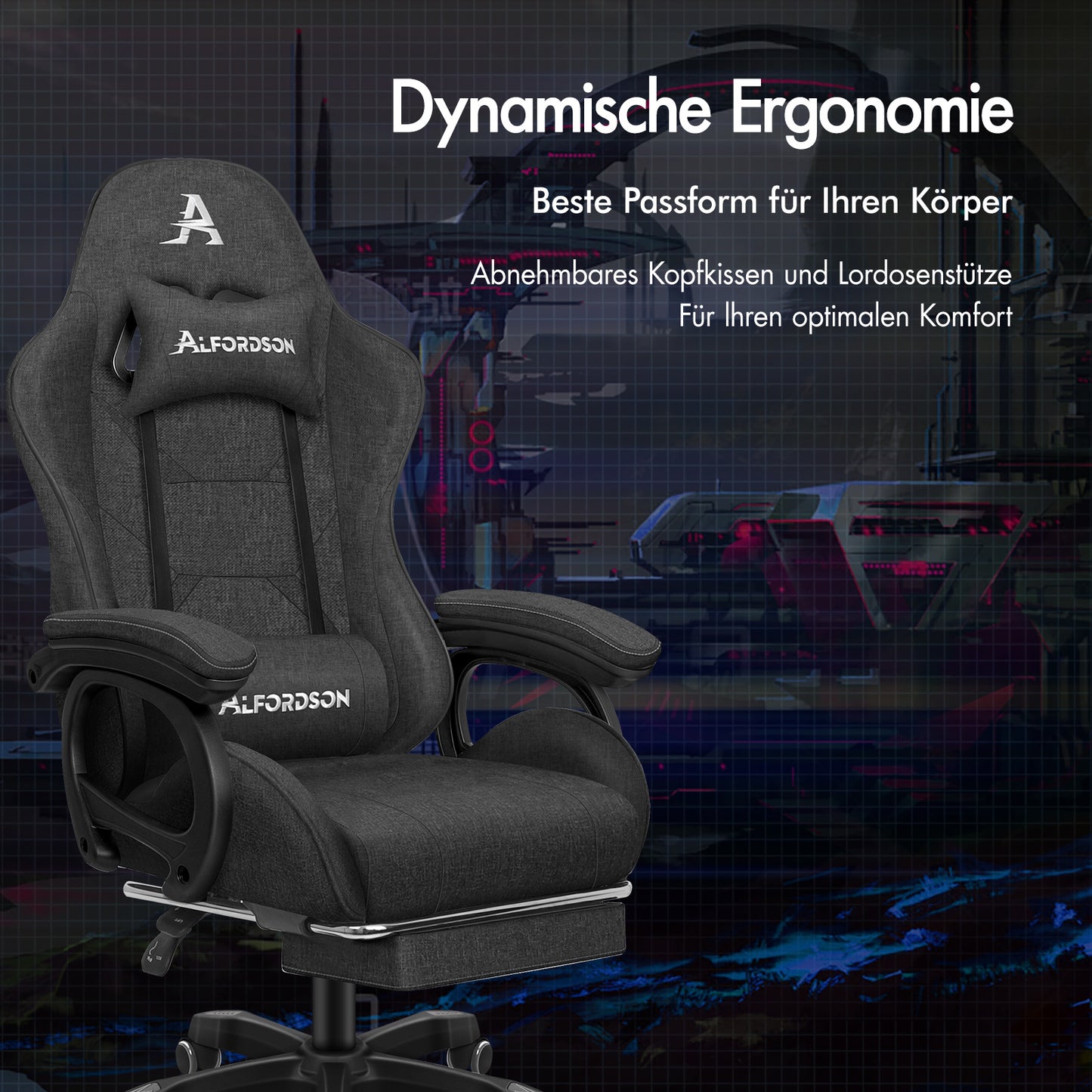 ALFORDSON Gaming-Stuhl Büro Massage Computer Stoff Rennsitz Fußstütze Grau