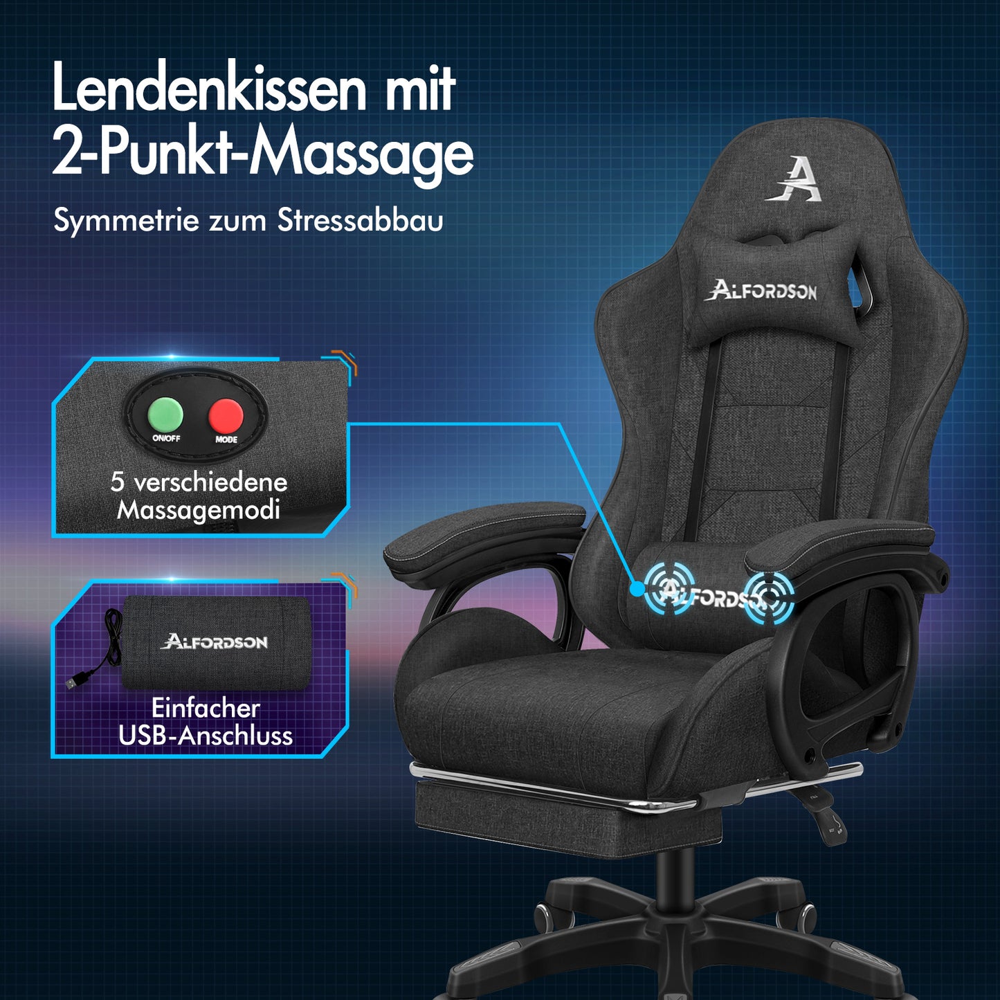 ALFORDSON Gaming-Stuhl Büro Massage Computer Stoff Rennsitz Fußstütze Grau