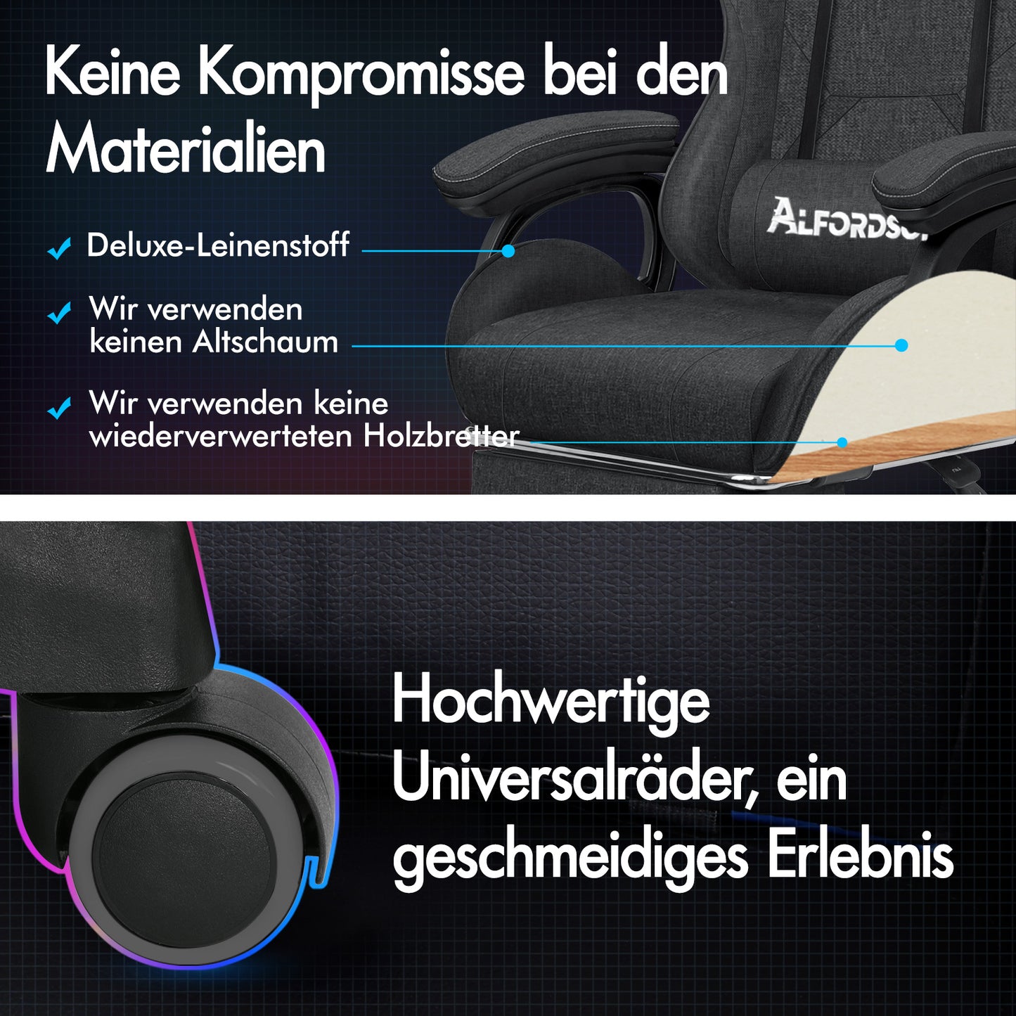 ALFORDSON Gaming-Stuhl Büro Massage Computer Stoff Rennsitz Fußstütze Grau