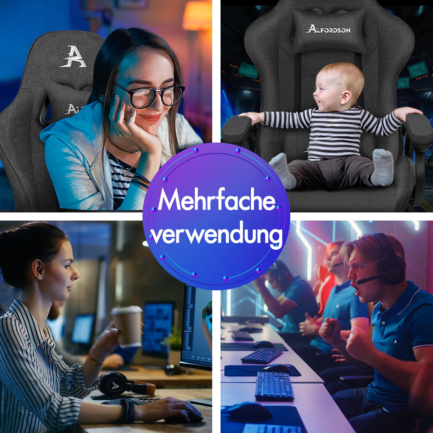 ALFORDSON Gaming-Stuhl Büro Massage Computer Stoff Rennsitz Fußstütze Grau