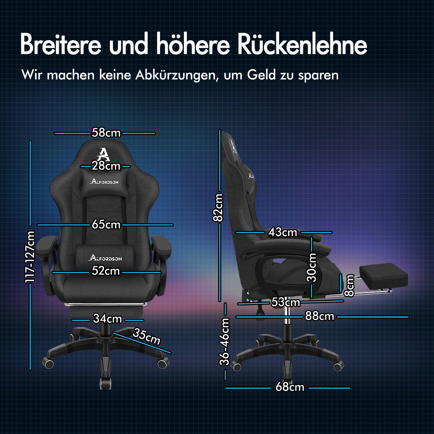 ALFORDSON Gaming-Stuhl Büro Massage Computer Stoff Rennsitz Fußstütze Grau