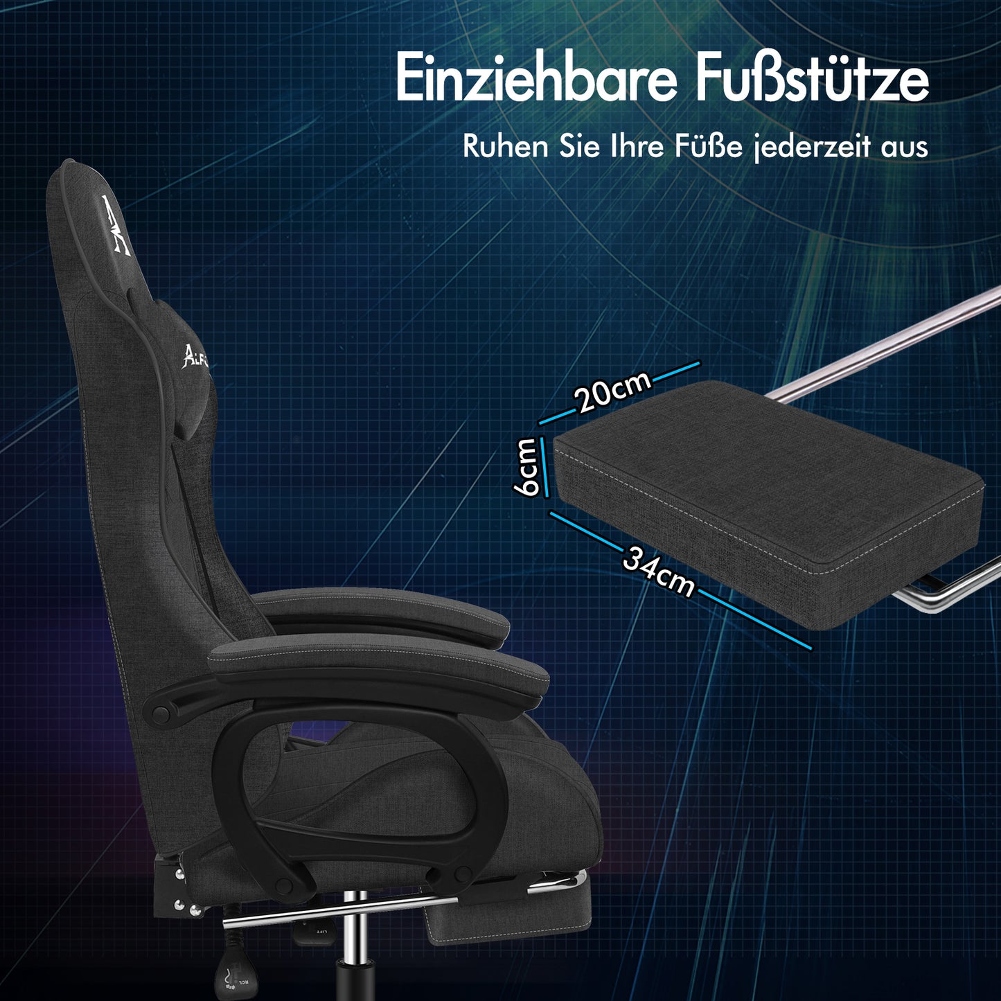 ALFORDSON Gaming-Stuhl Büro Massage Computer Stoff Rennsitz Fußstütze Grau
