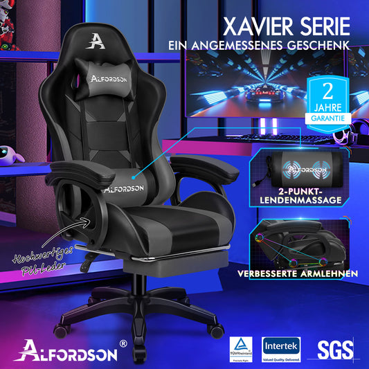 ALFORDSON Gaming Stuhl mit 2-Punkt Massage Bürostuhl mit Fußstütze Grau & Schwarz