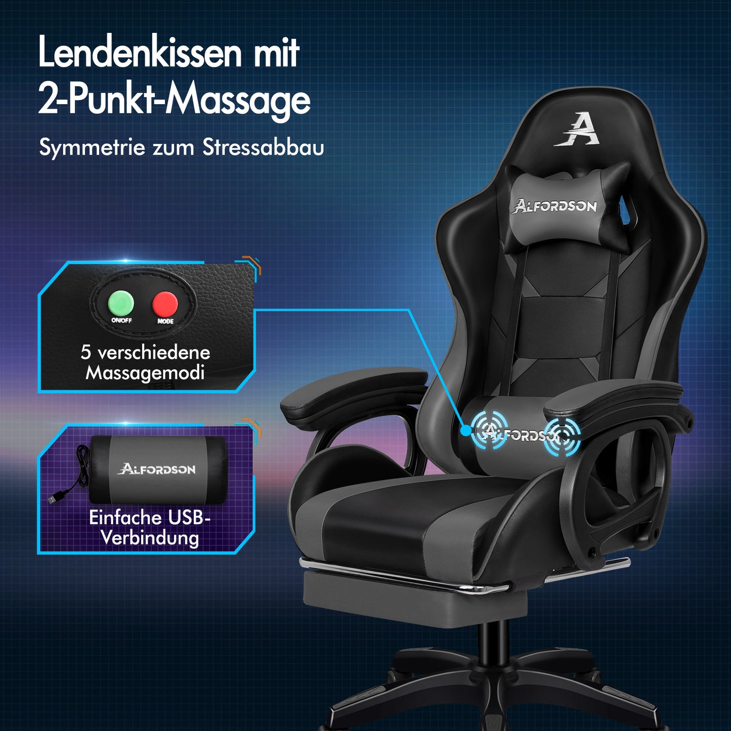 ALFORDSON Gaming Stuhl mit 2-Punkt Massage Bürostuhl mit Fußstütze Grau & Schwarz