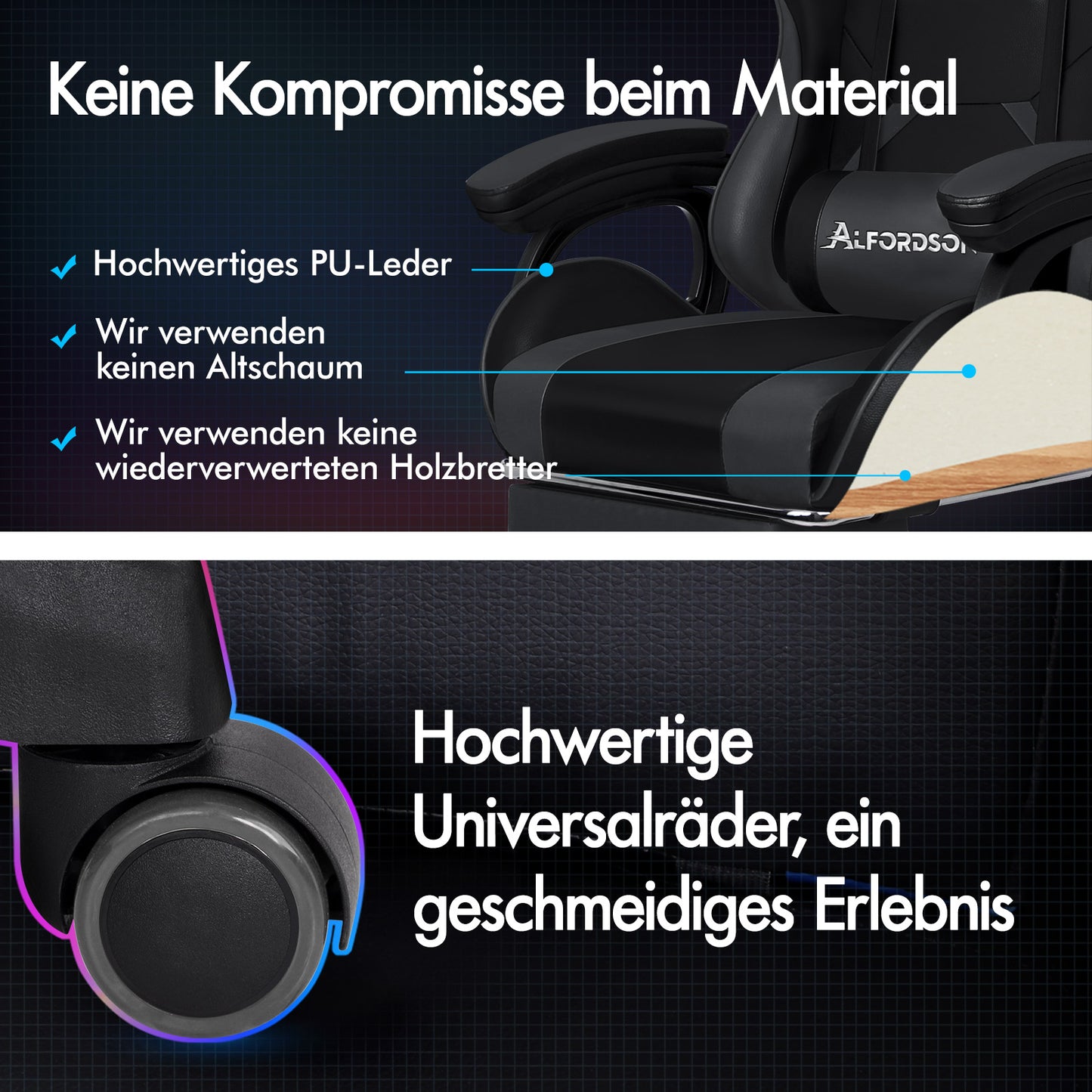 ALFORDSON Gaming Stuhl mit 2-Punkt Massage Bürostuhl mit Fußstütze Grau & Schwarz