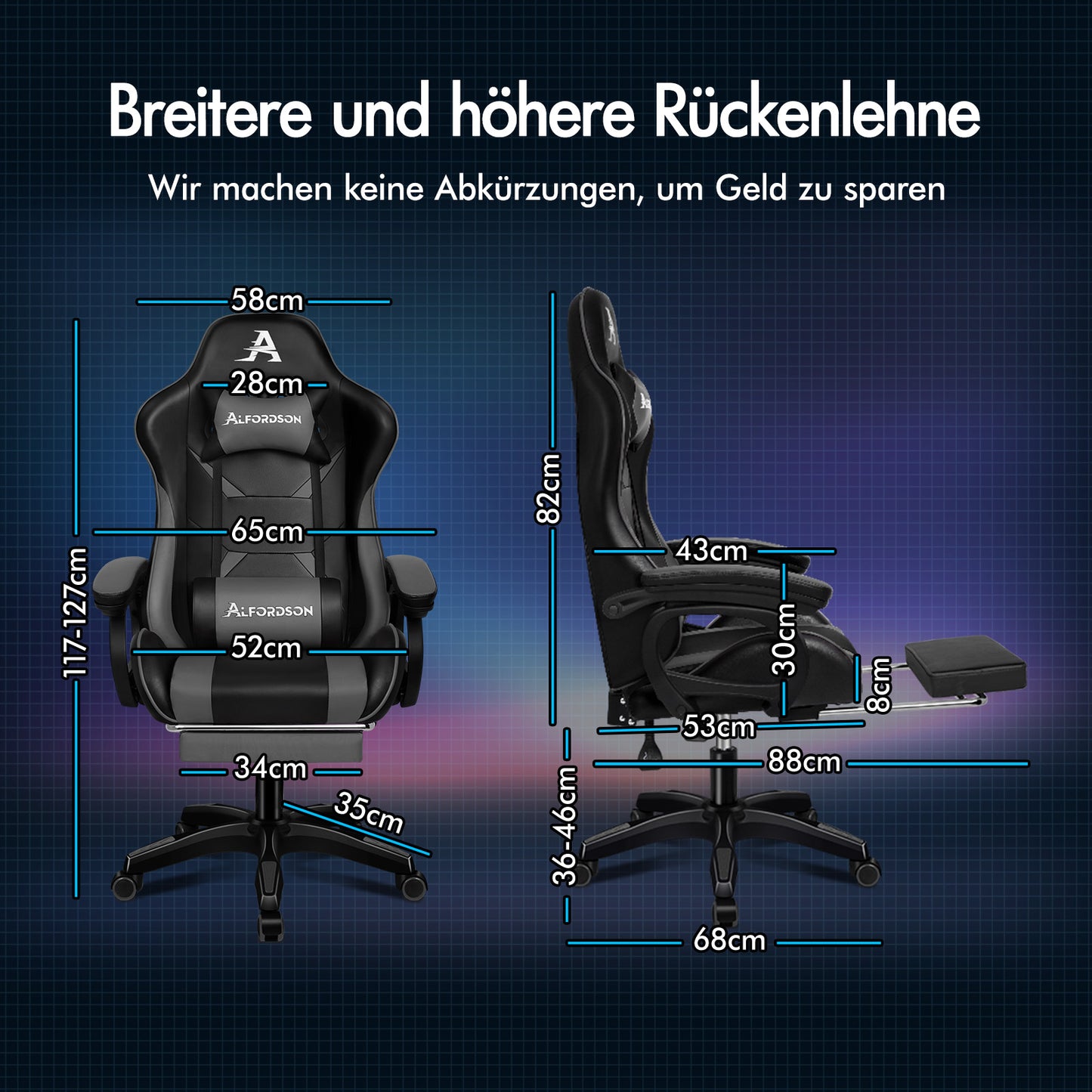 ALFORDSON Gaming Stuhl mit 2-Punkt Massage Bürostuhl mit Fußstütze Grau & Schwarz