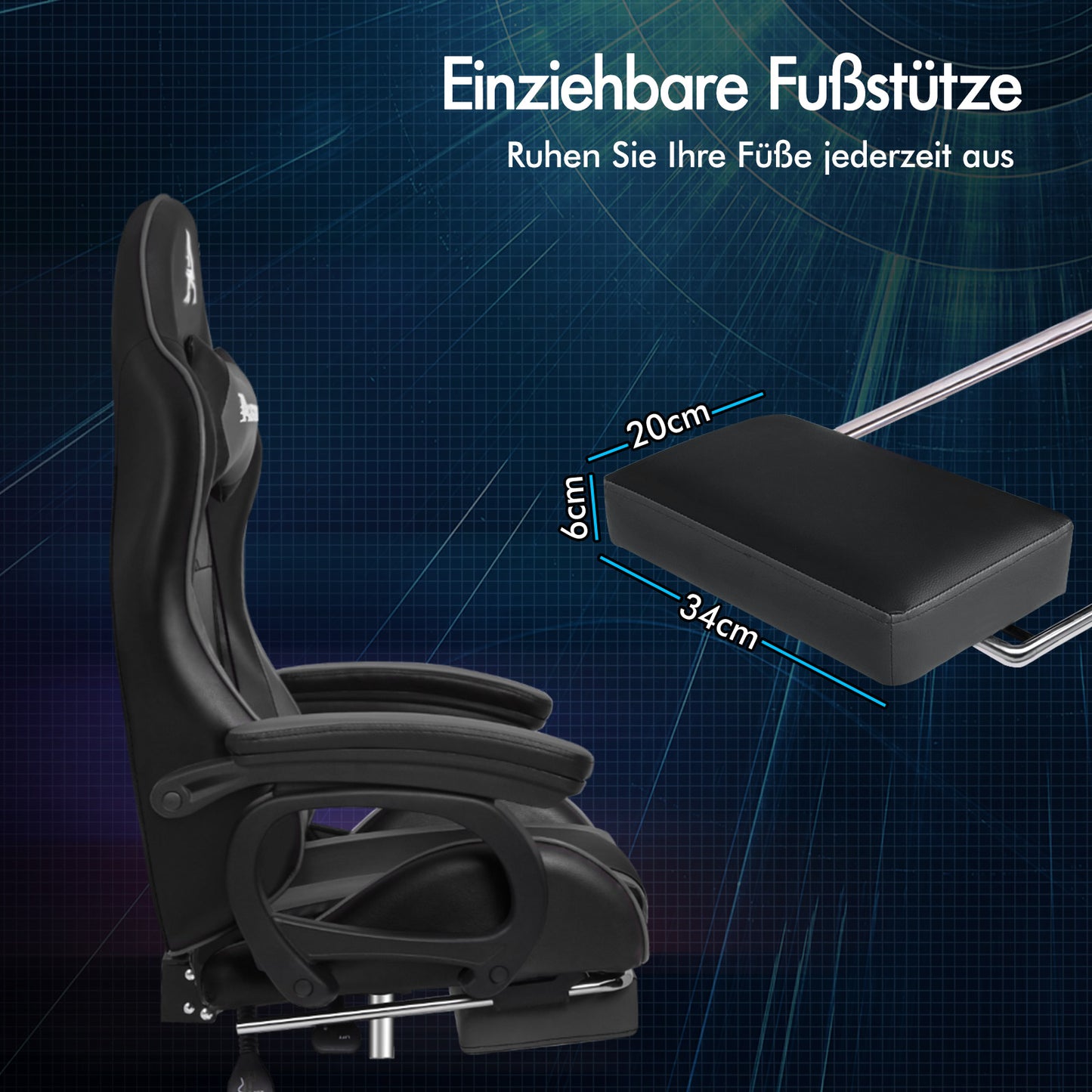 ALFORDSON Gaming Stuhl mit 2-Punkt Massage Bürostuhl mit Fußstütze Grau & Schwarz