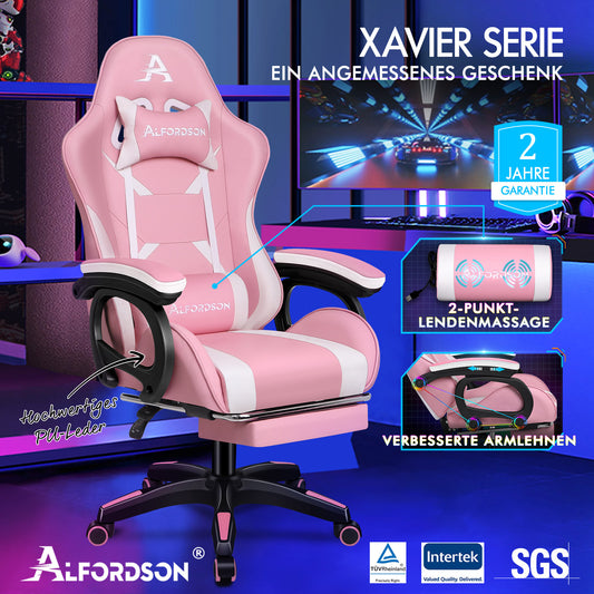 ALFORDSON Gaming Stuhl mit 2-Punkt Massage Bürostuhl mit Fußstütze Rosa & Weiß