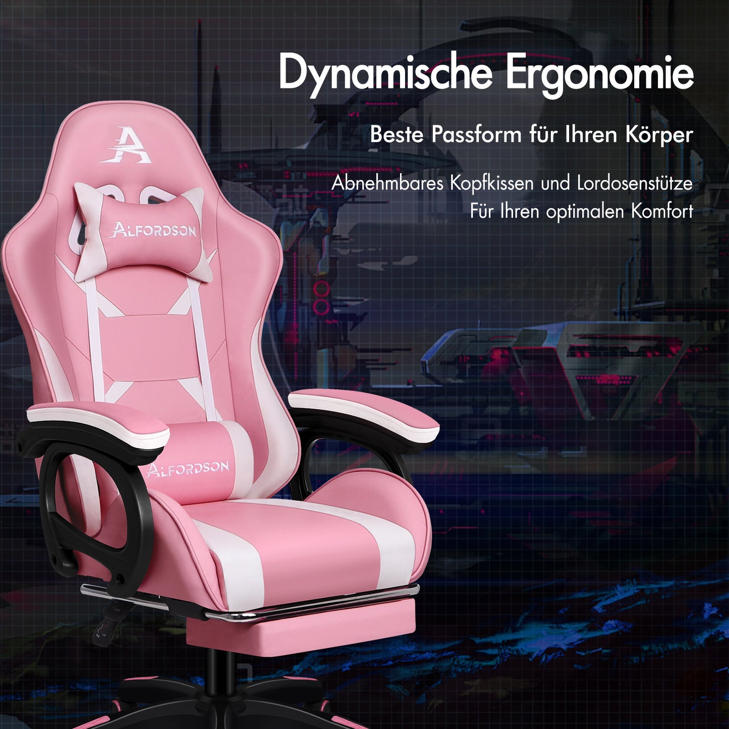ALFORDSON Gaming Stuhl mit 2-Punkt Massage Bürostuhl mit Fußstütze Rosa & Weiß