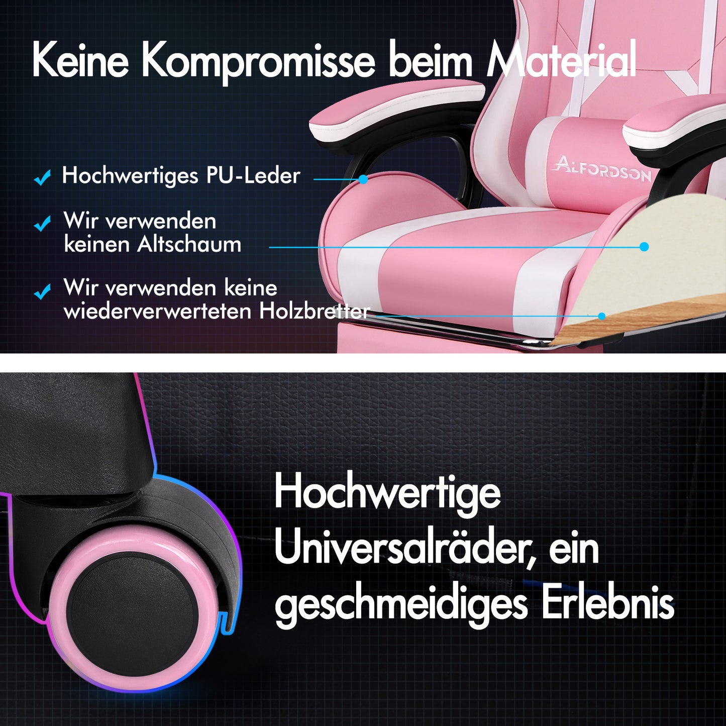 ALFORDSON Gaming Stuhl mit 2-Punkt Massage Bürostuhl mit Fußstütze Rosa & Weiß