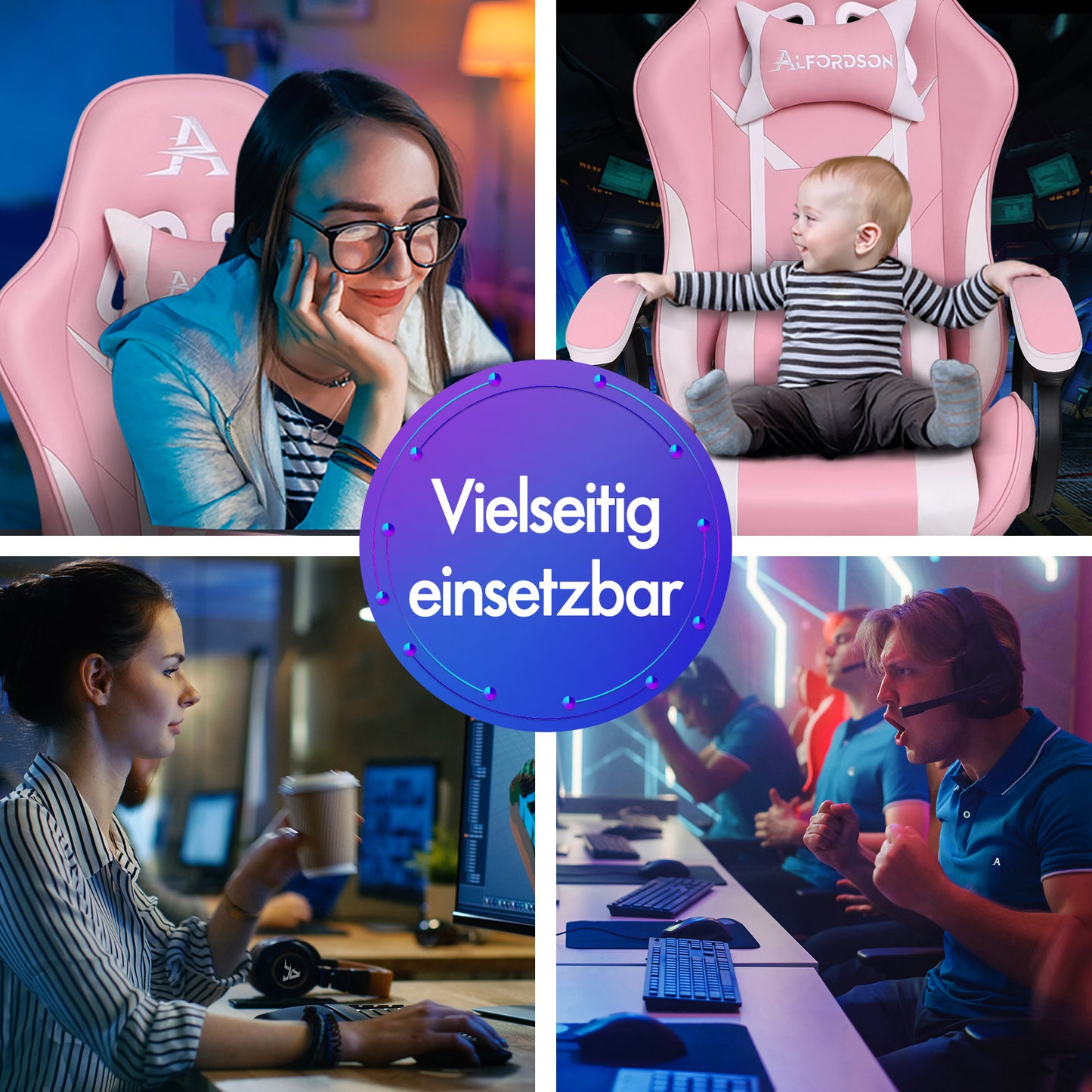 ALFORDSON Gaming Stuhl mit 2-Punkt Massage Bürostuhl mit Fußstütze Rosa & Weiß