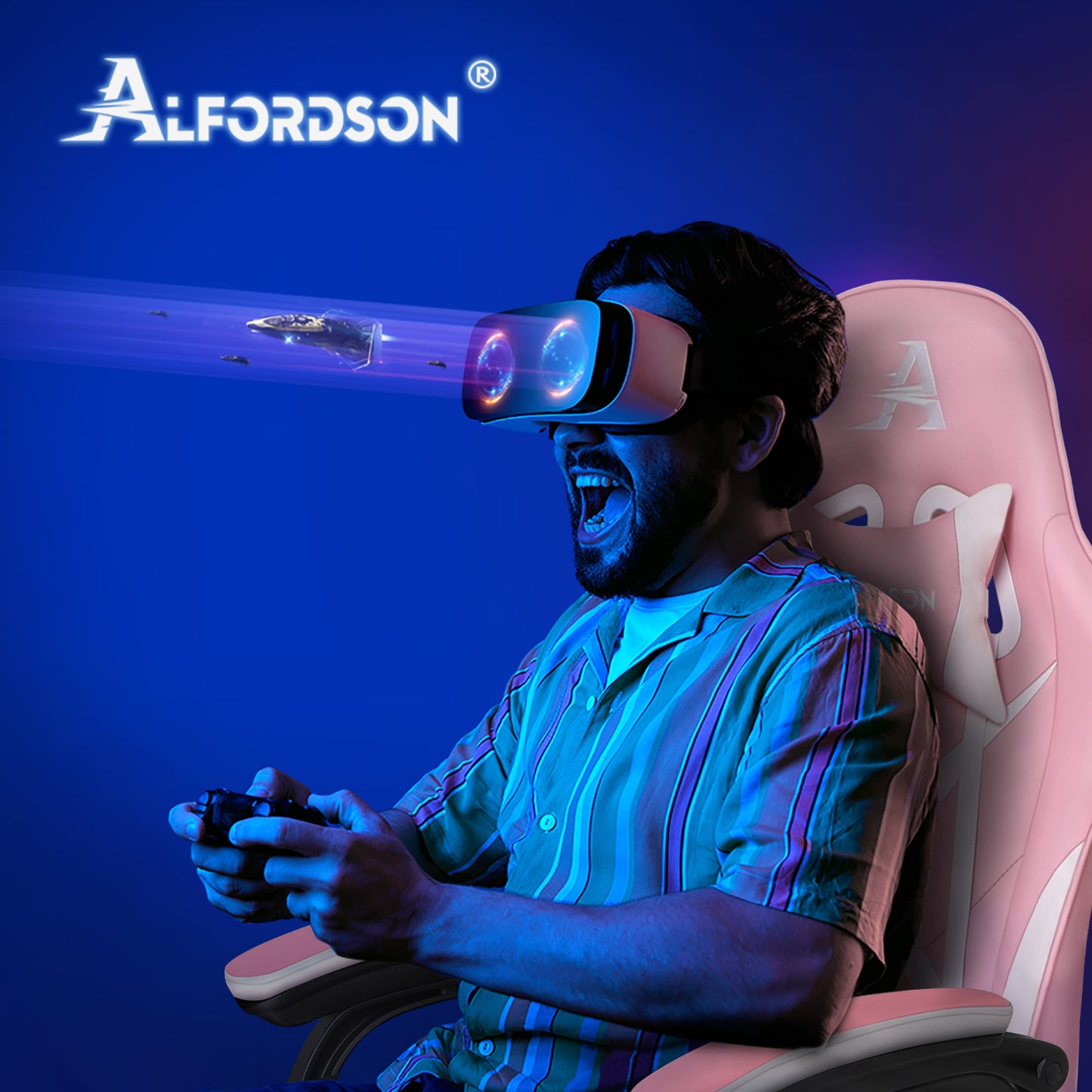 ALFORDSON Gaming Stuhl mit 2-Punkt Massage Bürostuhl mit Fußstütze Rosa & Weiß