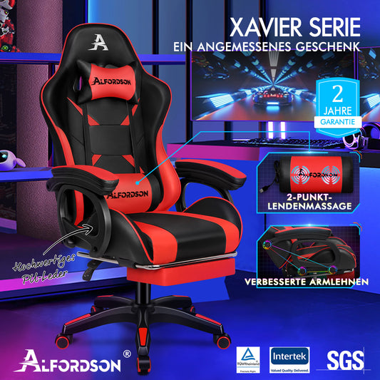 ALFORDSON Gaming Stuhl mit 2-Punkt Massage Bürostuhl mit Fußstütze Rot & Schwarz