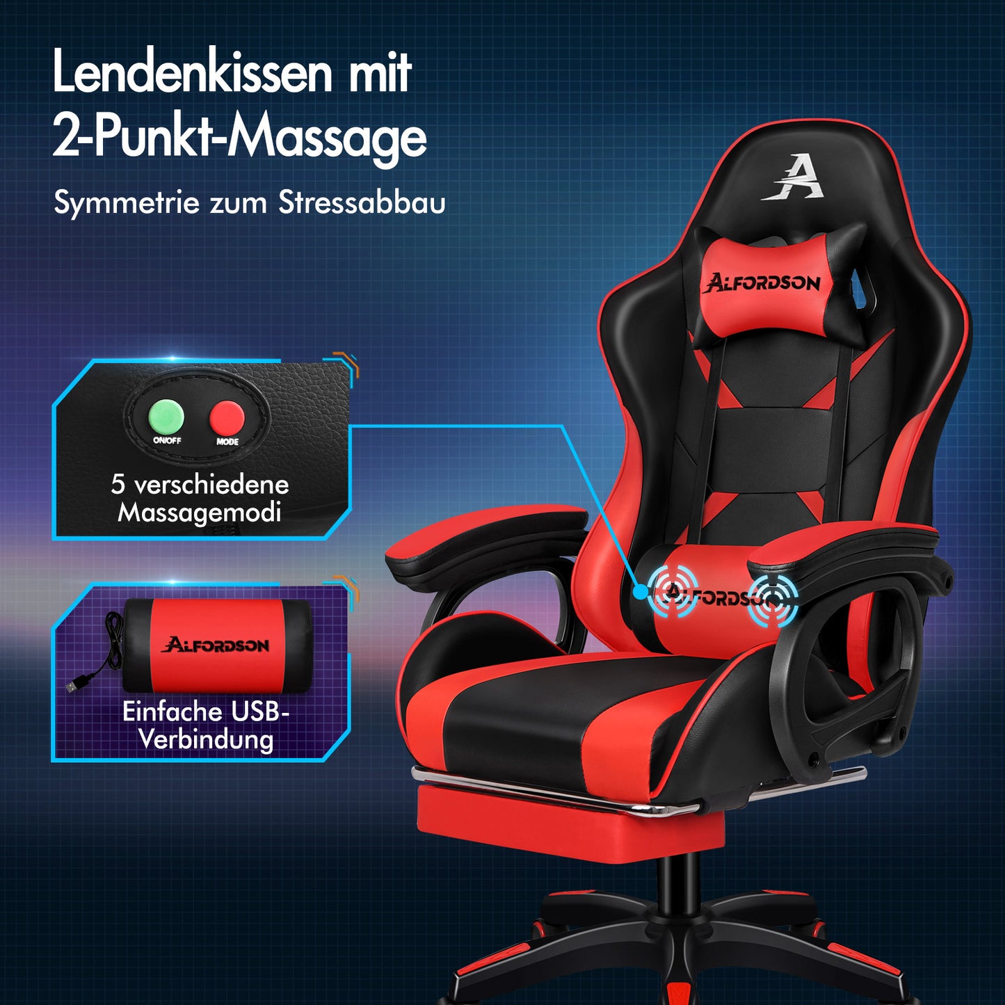 ALFORDSON Gaming Stuhl mit 2-Punkt Massage Bürostuhl mit Fußstütze Rot & Schwarz