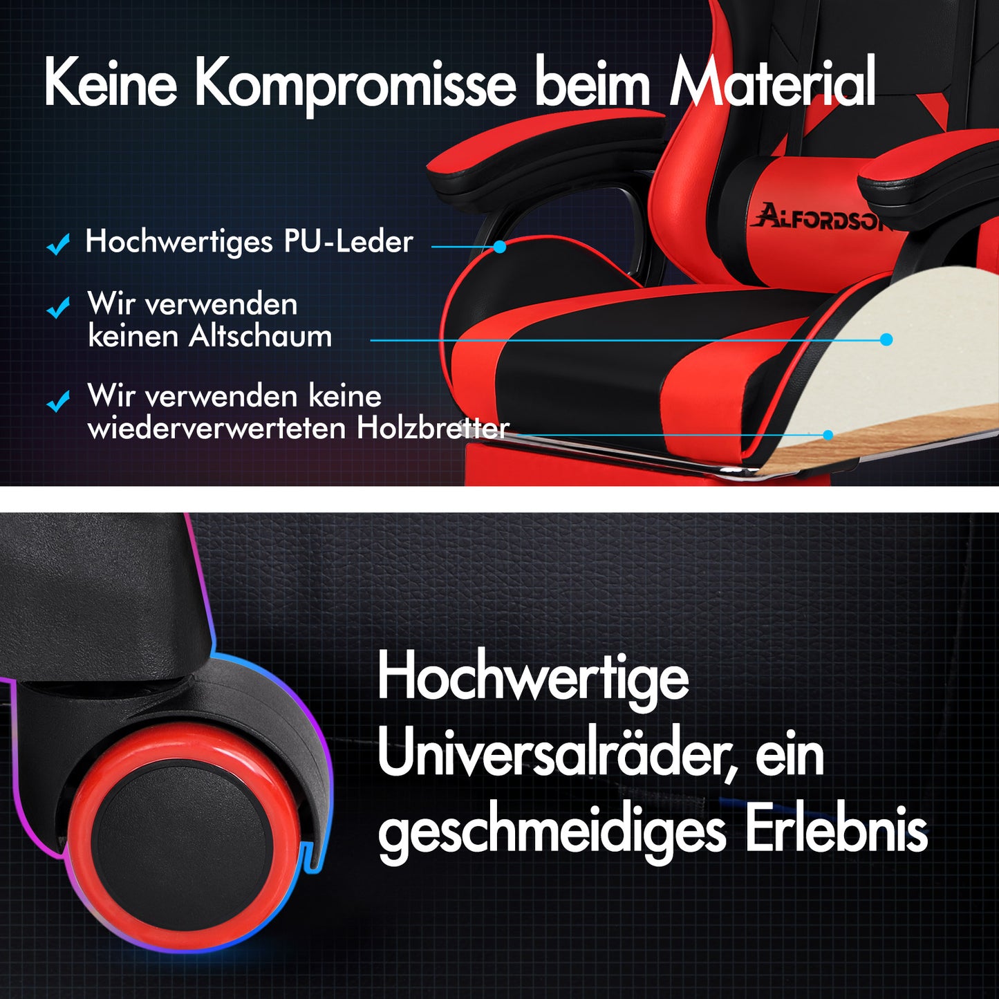 ALFORDSON Gaming Stuhl mit 2-Punkt Massage Bürostuhl mit Fußstütze Rot & Schwarz