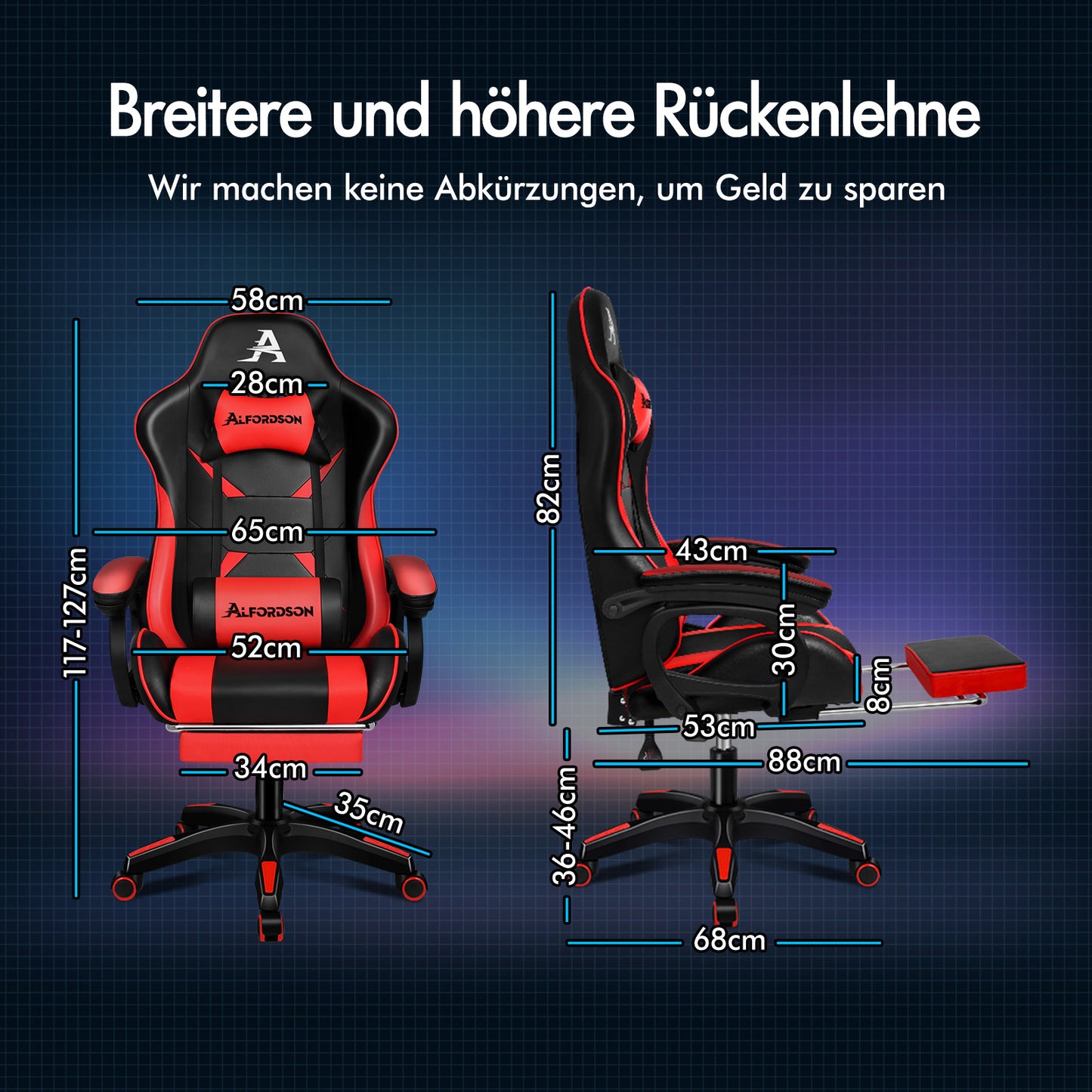 ALFORDSON Gaming Stuhl mit 2-Punkt Massage Bürostuhl mit Fußstütze Rot & Schwarz