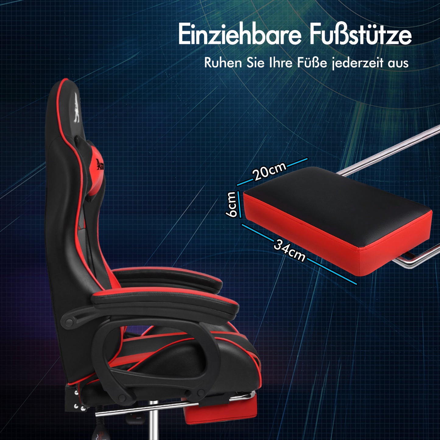 ALFORDSON Gaming Stuhl mit 2-Punkt Massage Bürostuhl mit Fußstütze Rot & Schwarz