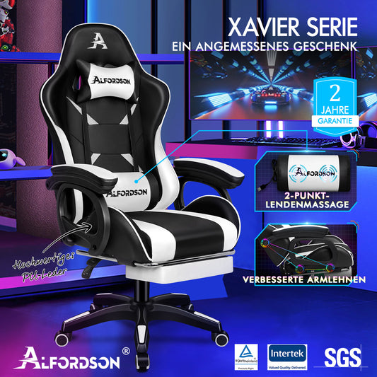 ALFORDSON Gaming Stuhl mit 2-Punkt Massage Bürostuhl mit Fußstütze Weiß Schwarz