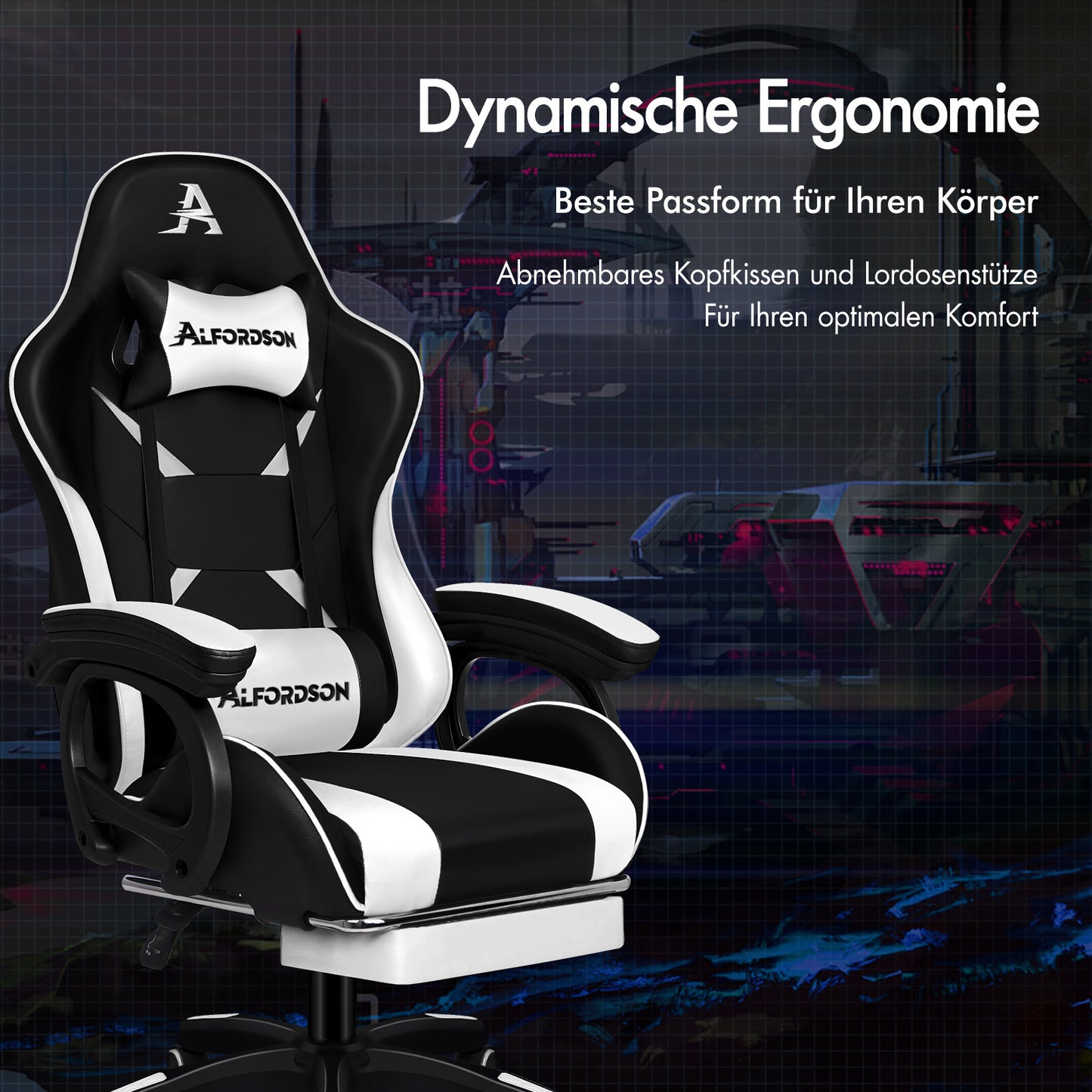 Silla gaming ALFORDSON con masaje de 2 puntos, silla de oficina con reposapiés, color blanco y negro