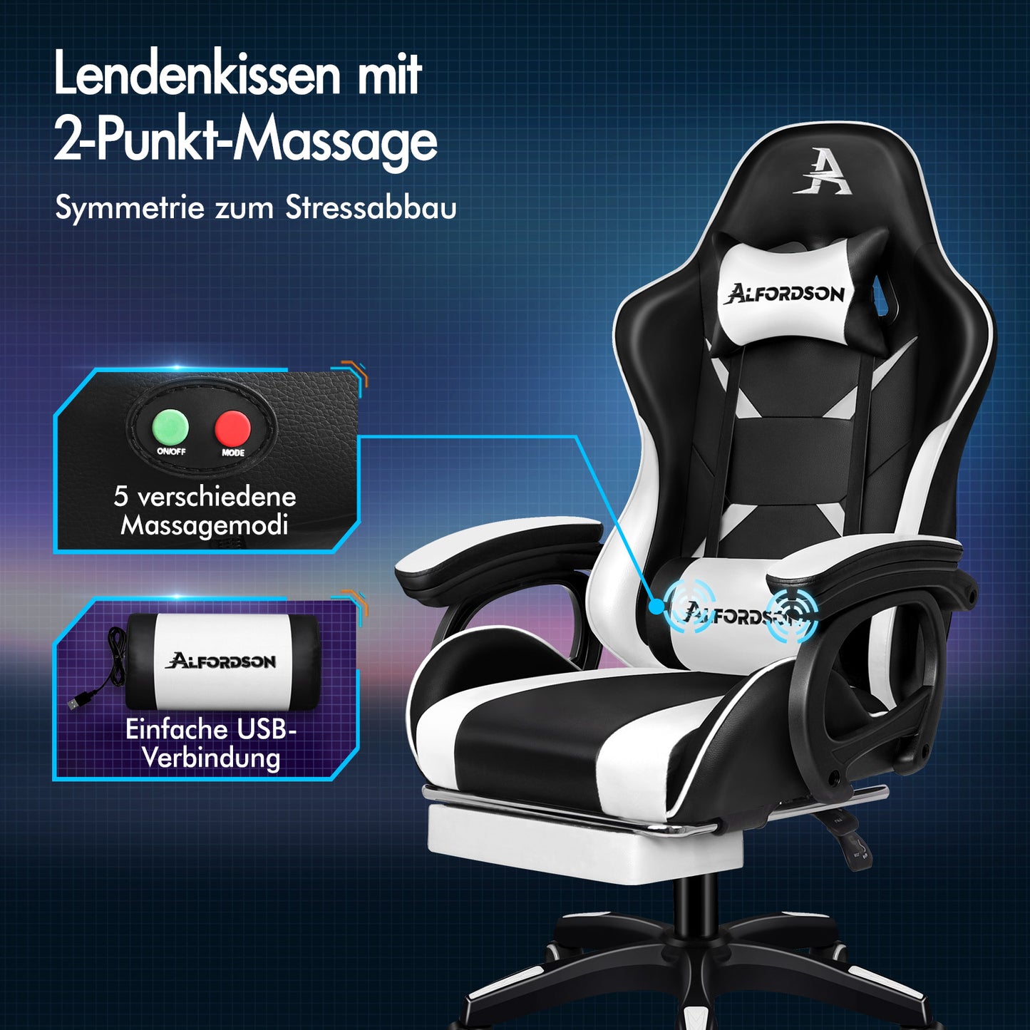 Silla gaming ALFORDSON con masaje de 2 puntos, silla de oficina con reposapiés, color blanco y negro