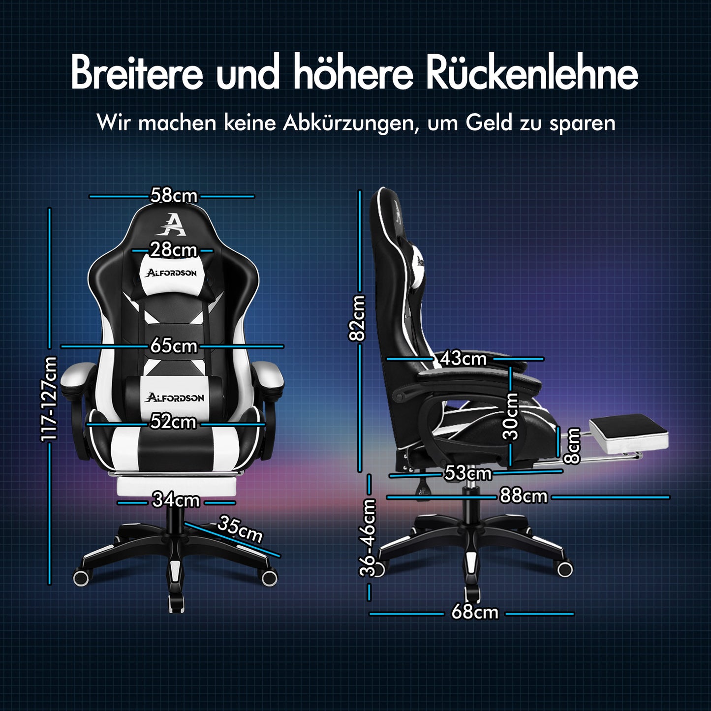 Silla gaming ALFORDSON con masaje de 2 puntos, silla de oficina con reposapiés, color blanco y negro