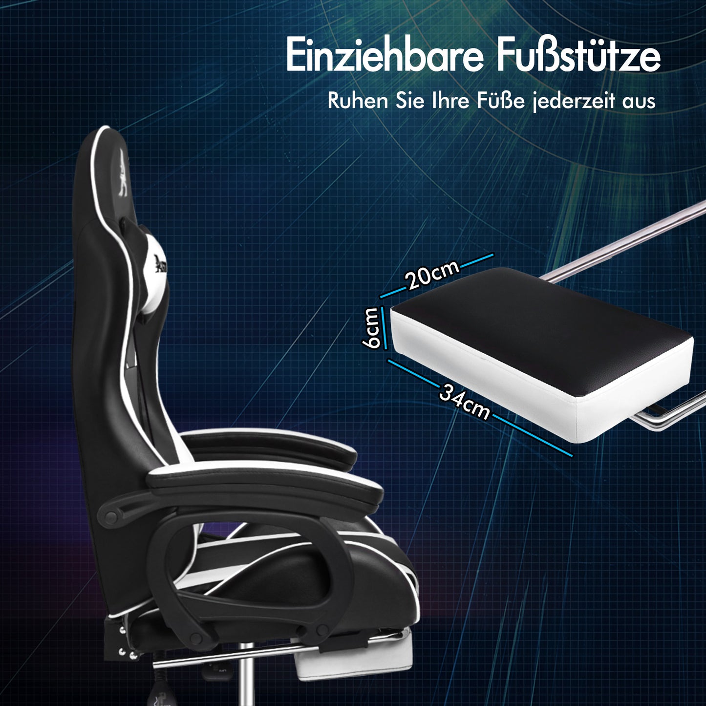 Silla gaming ALFORDSON con masaje de 2 puntos, silla de oficina con reposapiés, color blanco y negro