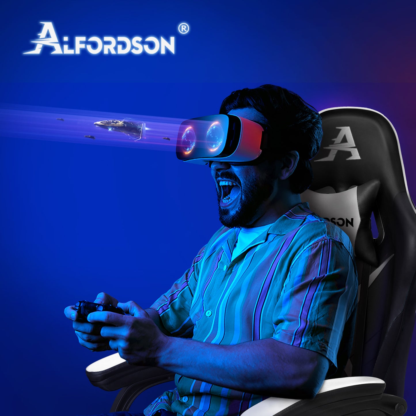 Silla gaming ALFORDSON con masaje de 2 puntos, silla de oficina con reposapiés, color blanco y negro