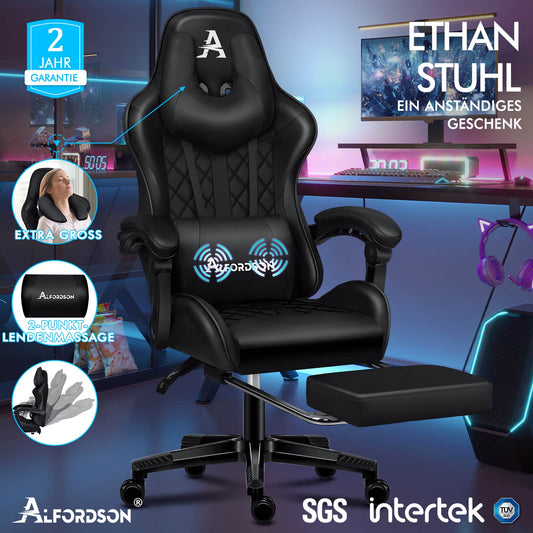ALFORDSON Gaming Stuhl Office Racer Großes Lendenkissen Fußstütze Sitz Leder Schwarz