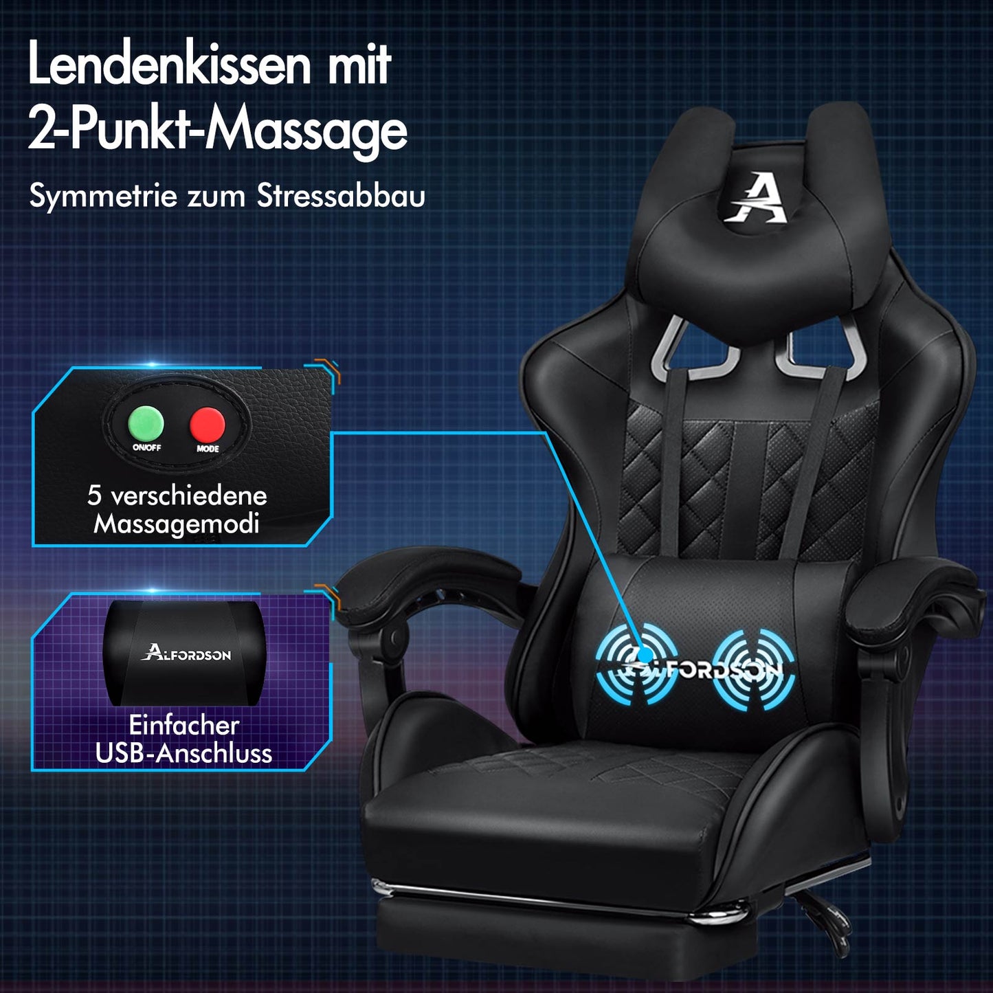 ALFORDSON Gaming Stuhl Office Racer Großes Lendenkissen Fußstütze Sitz Leder Schwarz